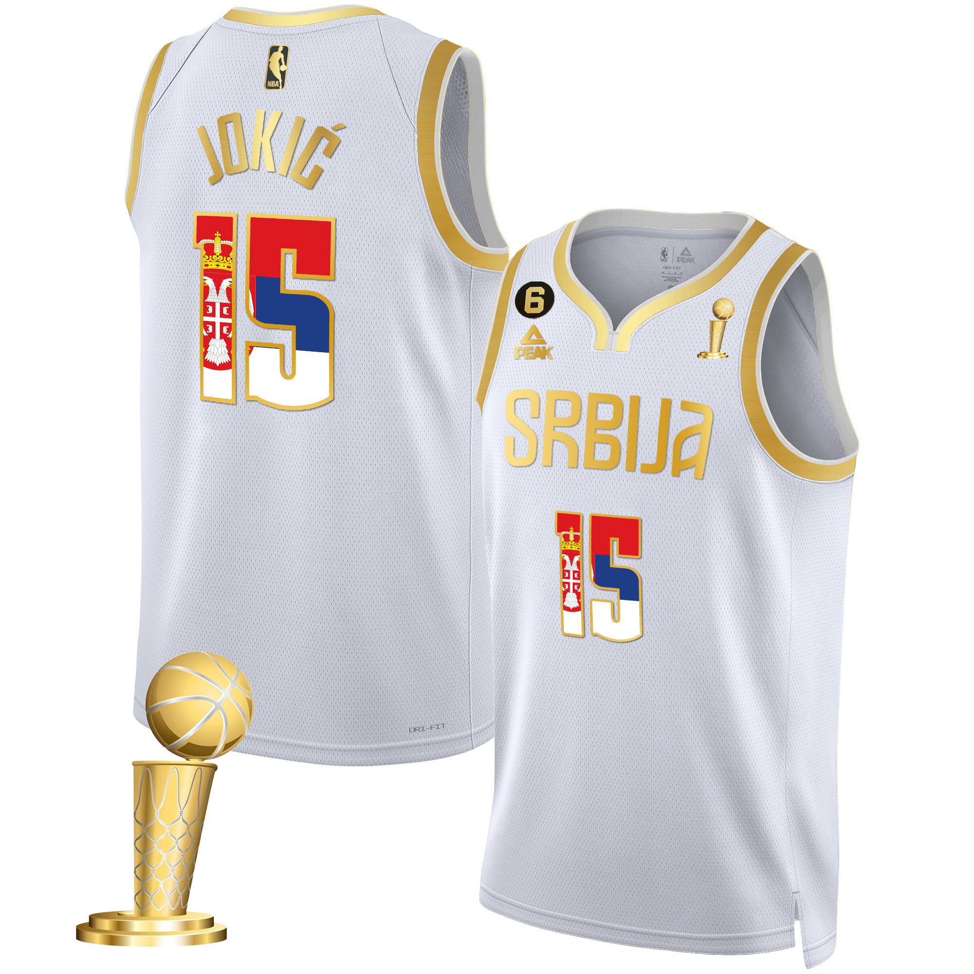 Men's Nikola Jokic Denver Nuggets Serbia Champions Gold Serbia White Jersey - All Stitched
