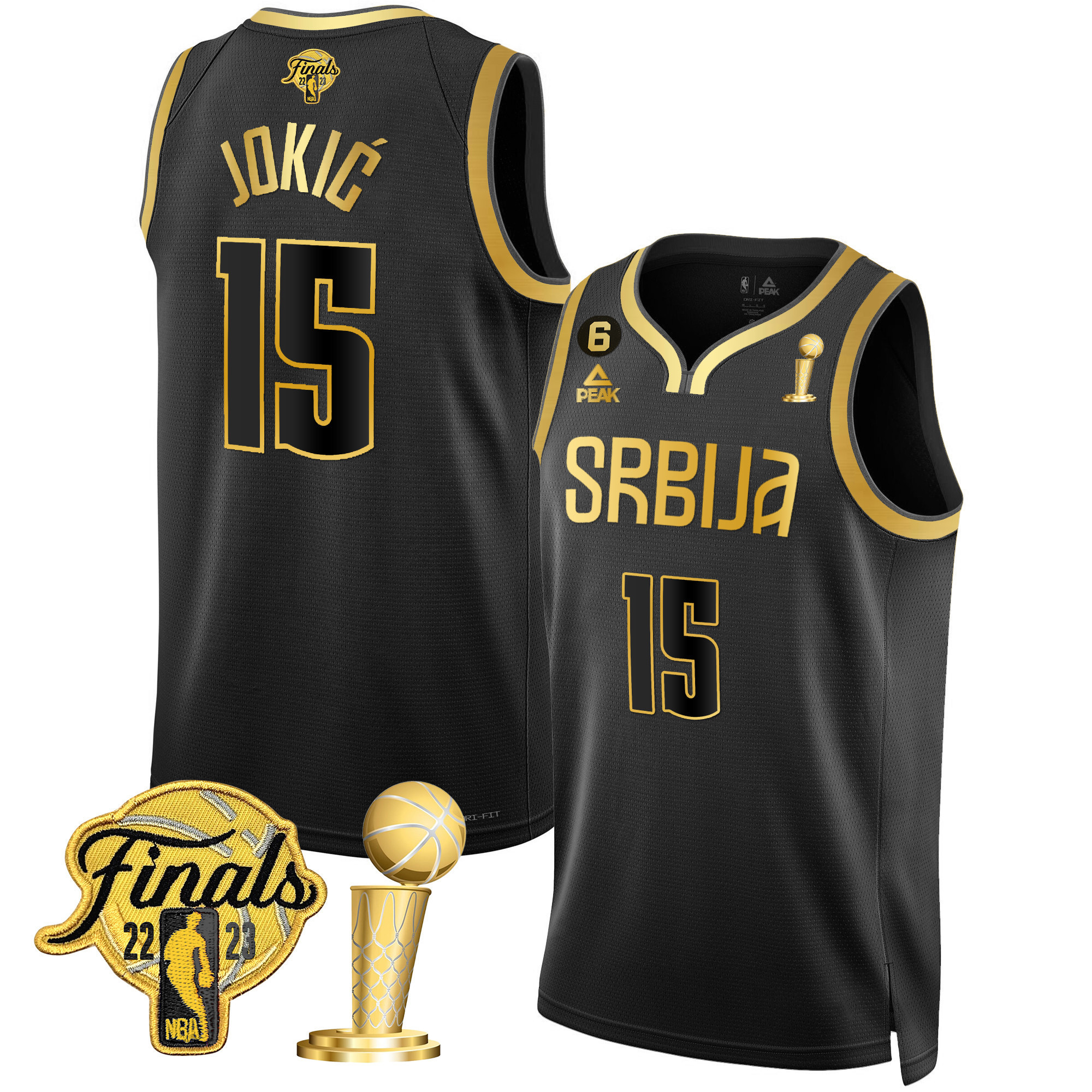 Men's Nikola Jokic Denver Nuggets Serbia Finals & Champions Gold Black Gold Jersey - All Stitched