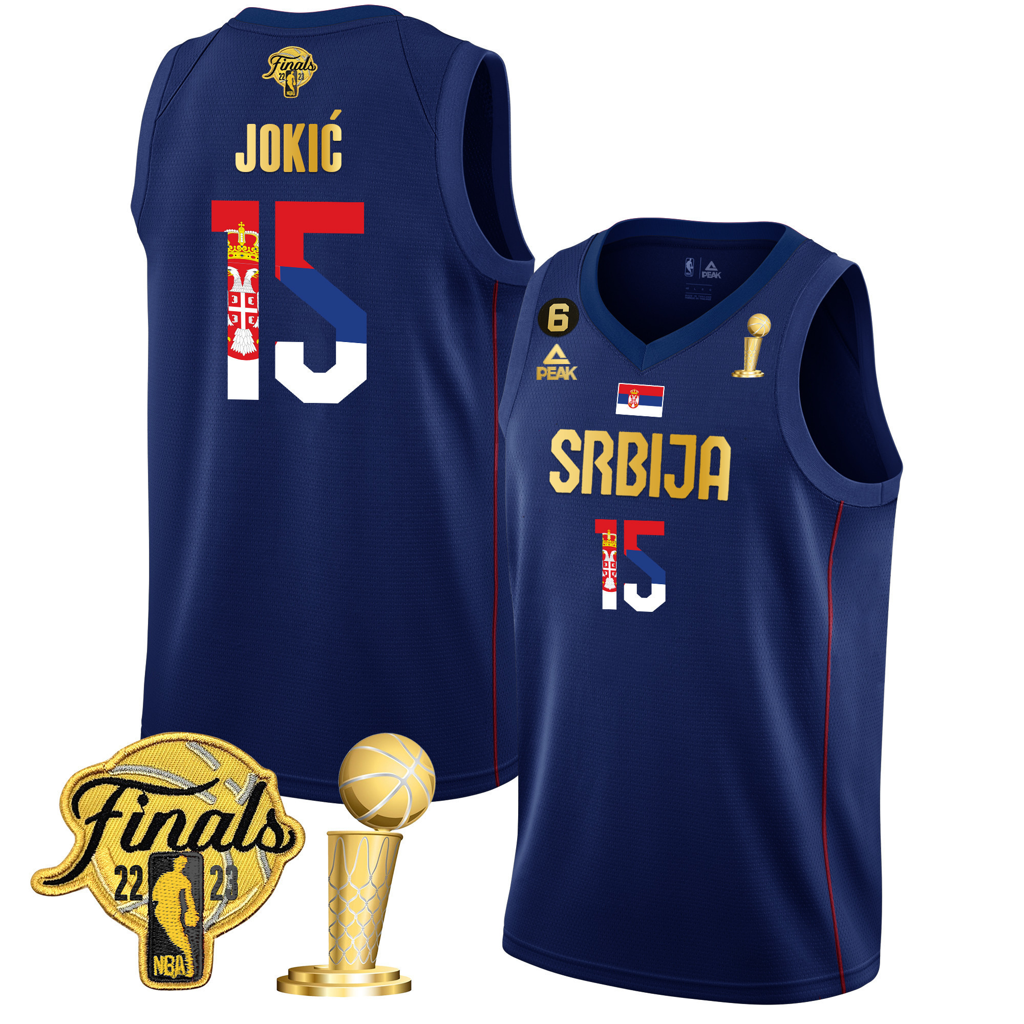 Men's Nikola Jokic Denver Nuggets Serbia Finals & Champions Gold Navy Jersey - All Stitched