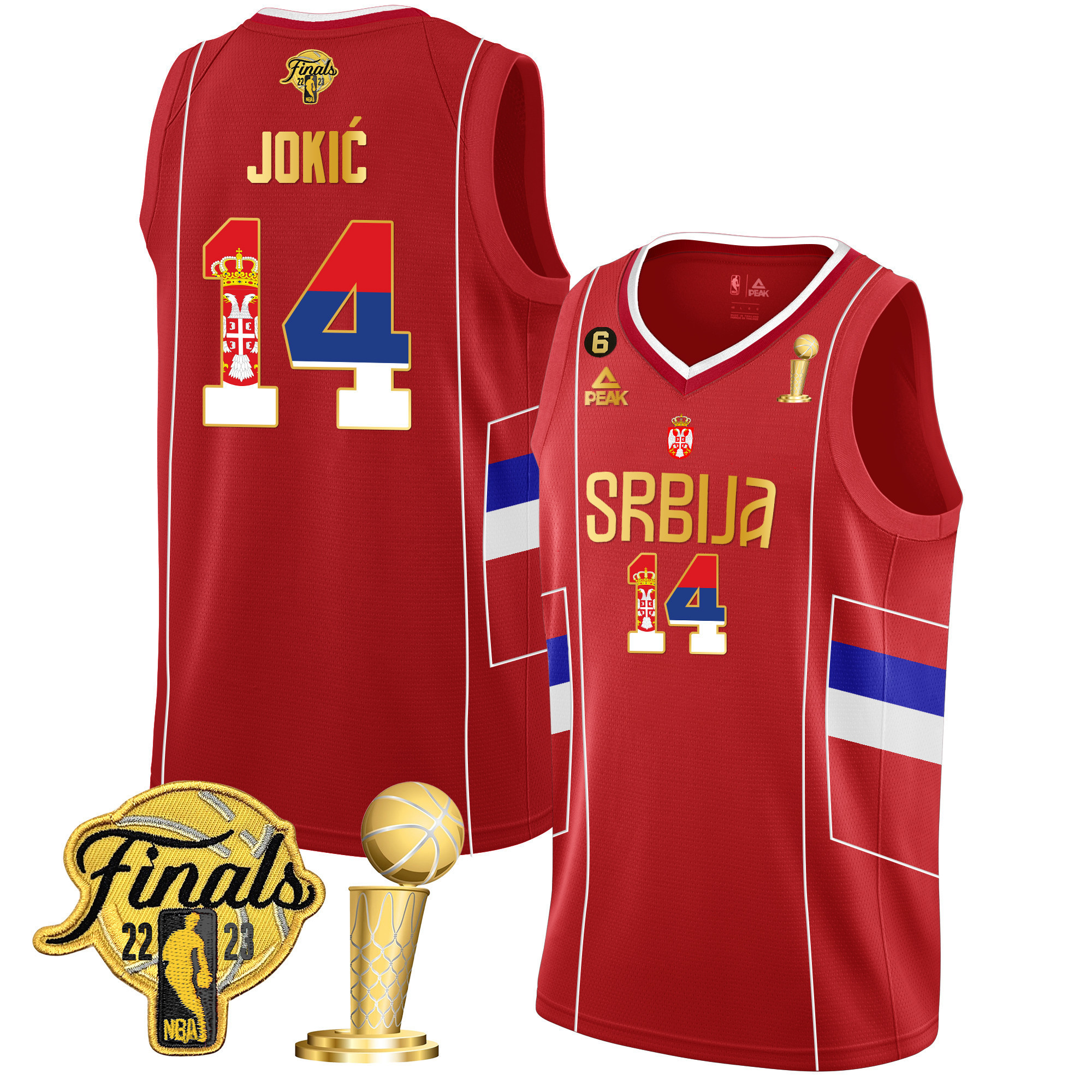 Men's Nikola Jokic Denver Nuggets Serbia Finals & Champions Gold Red Jersey - All Stitched