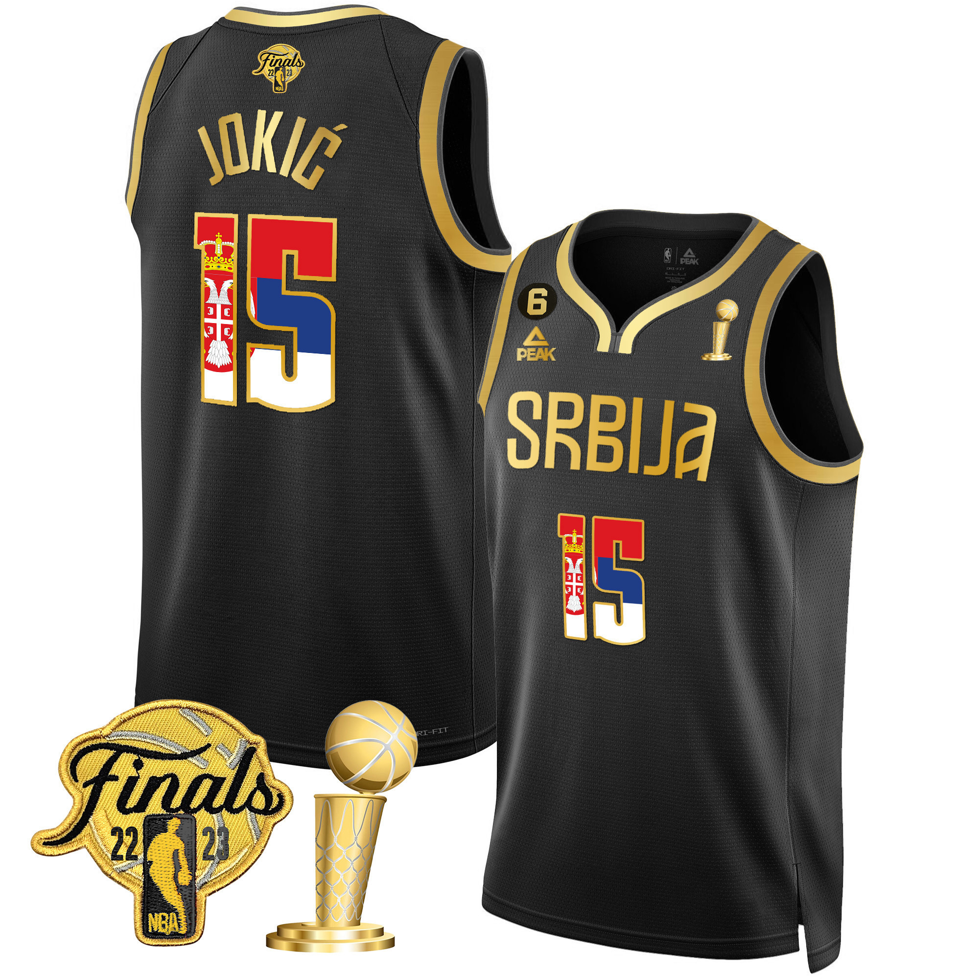 Men's Nikola Jokic Denver Nuggets Serbia Finals & Champions Gold Serbia Black Jersey - All Stitched
