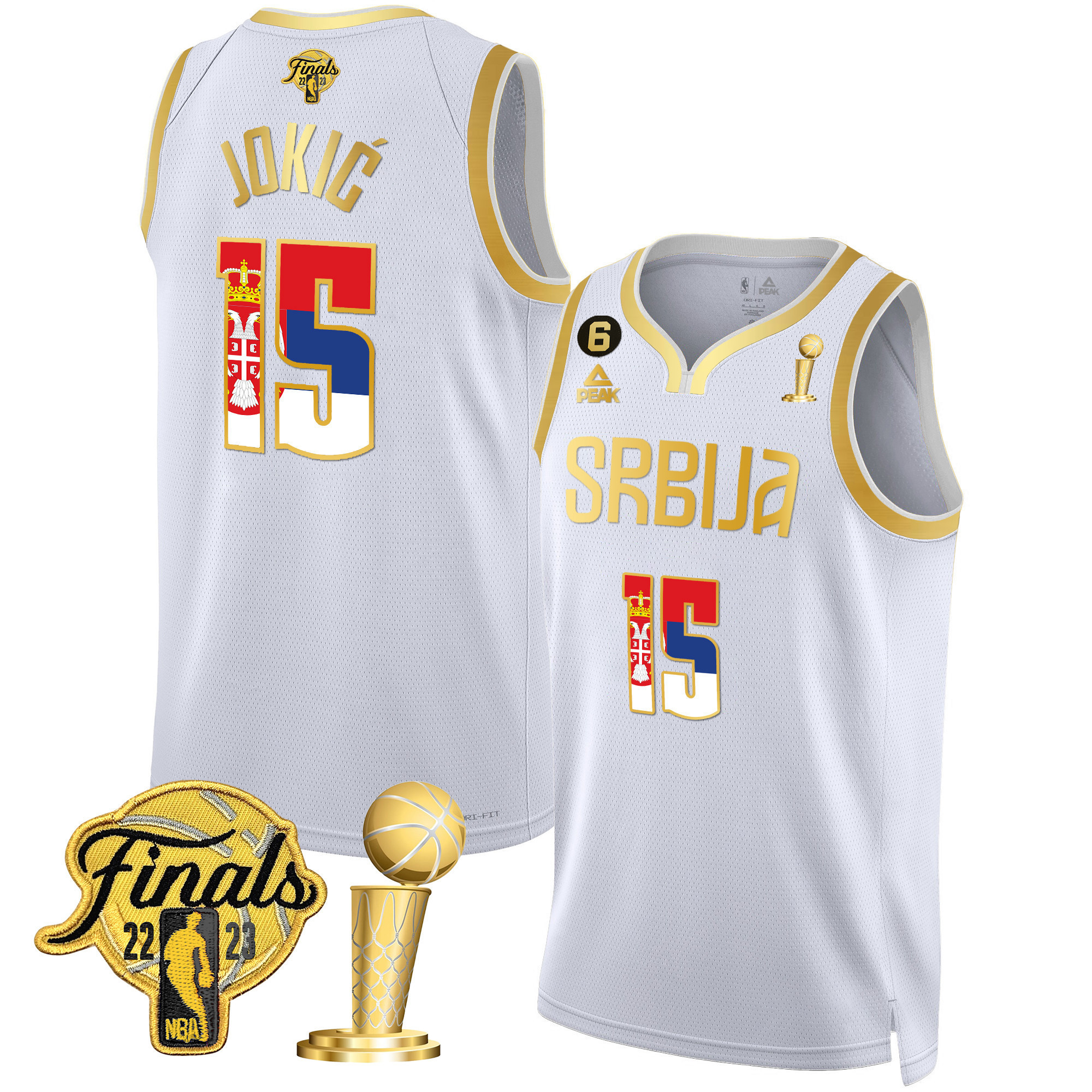 Men's Nikola Jokic Denver Nuggets Serbia Finals & Champions Gold Serbia White Jersey - All Stitched