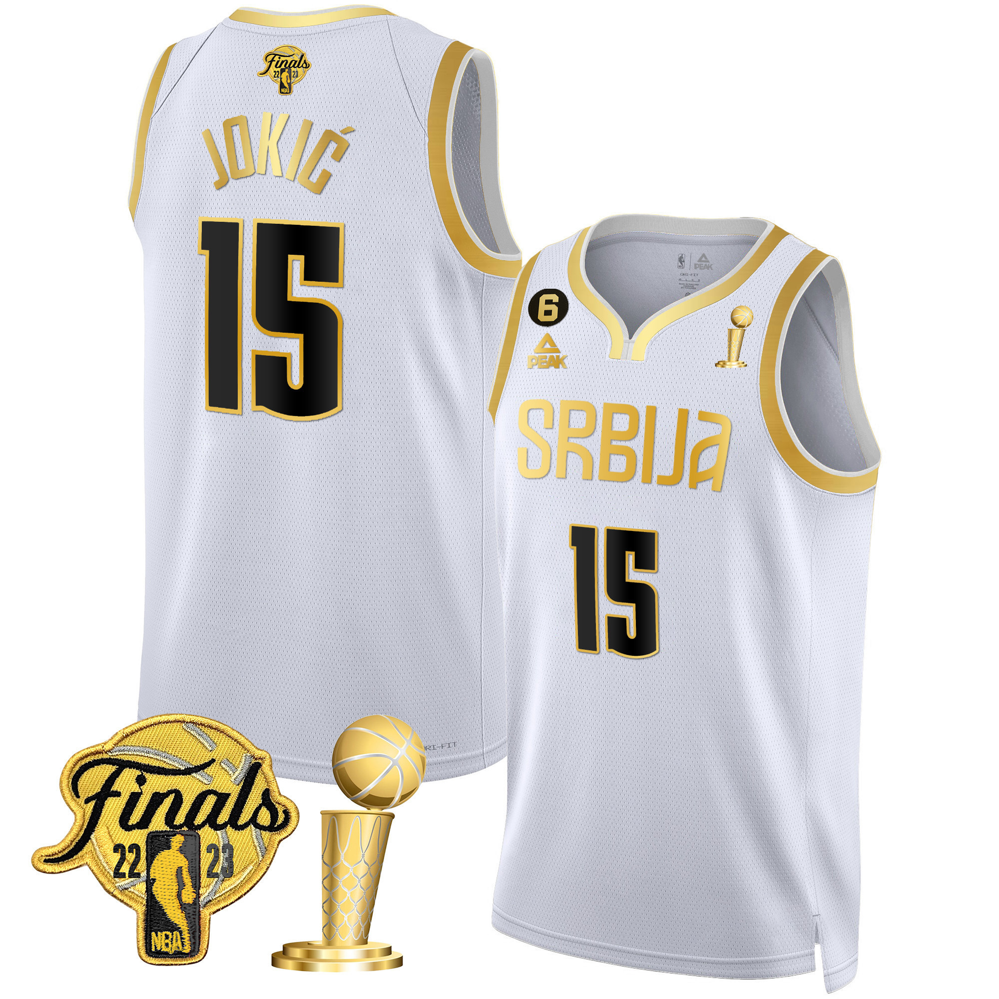 Men's Nikola Jokic Denver Nuggets Serbia Finals & Champions Gold White Gold Jersey - All Stitched