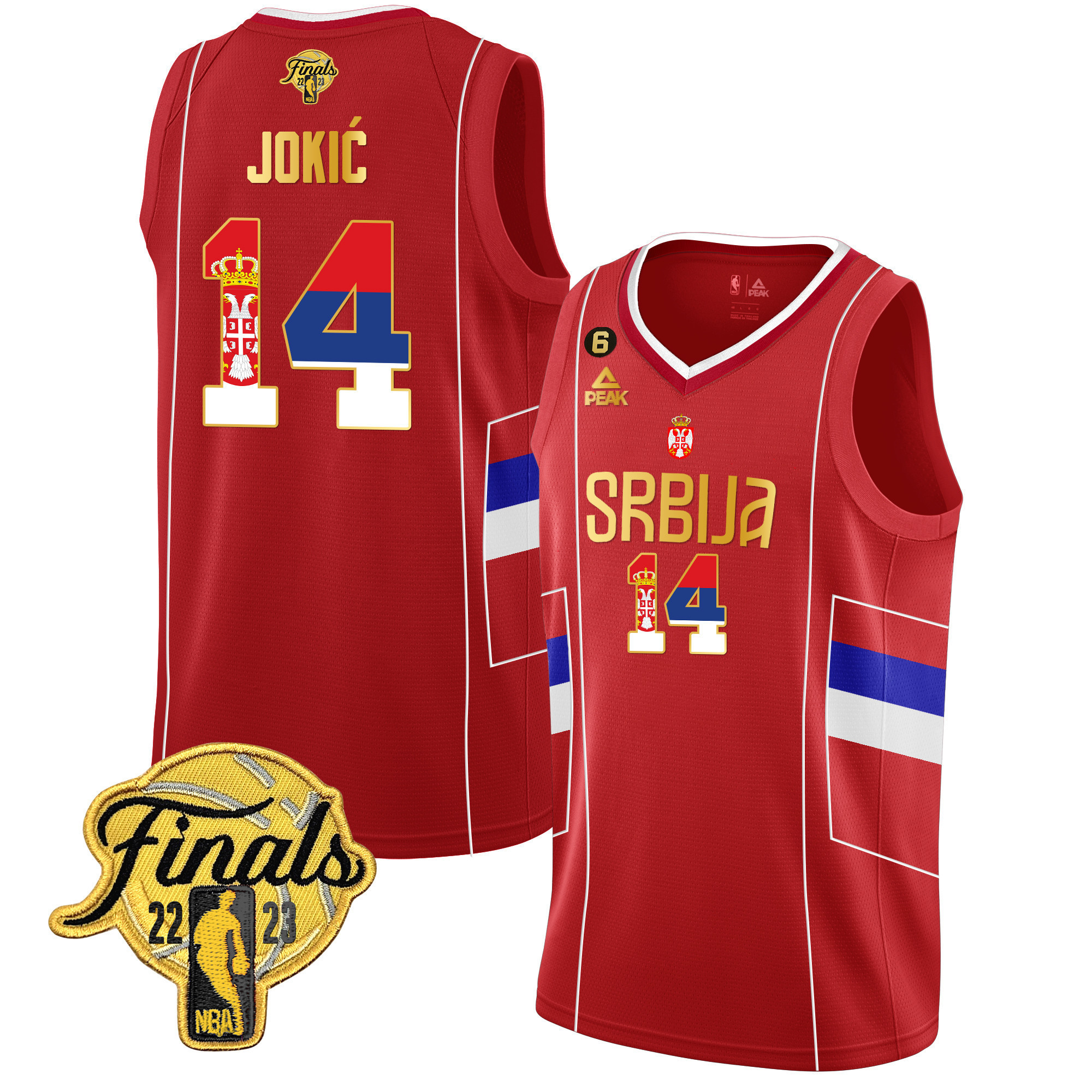 Men's Nikola Jokic Denver Nuggets Serbia Finals Patch Gold Red Jersey - All Stitched