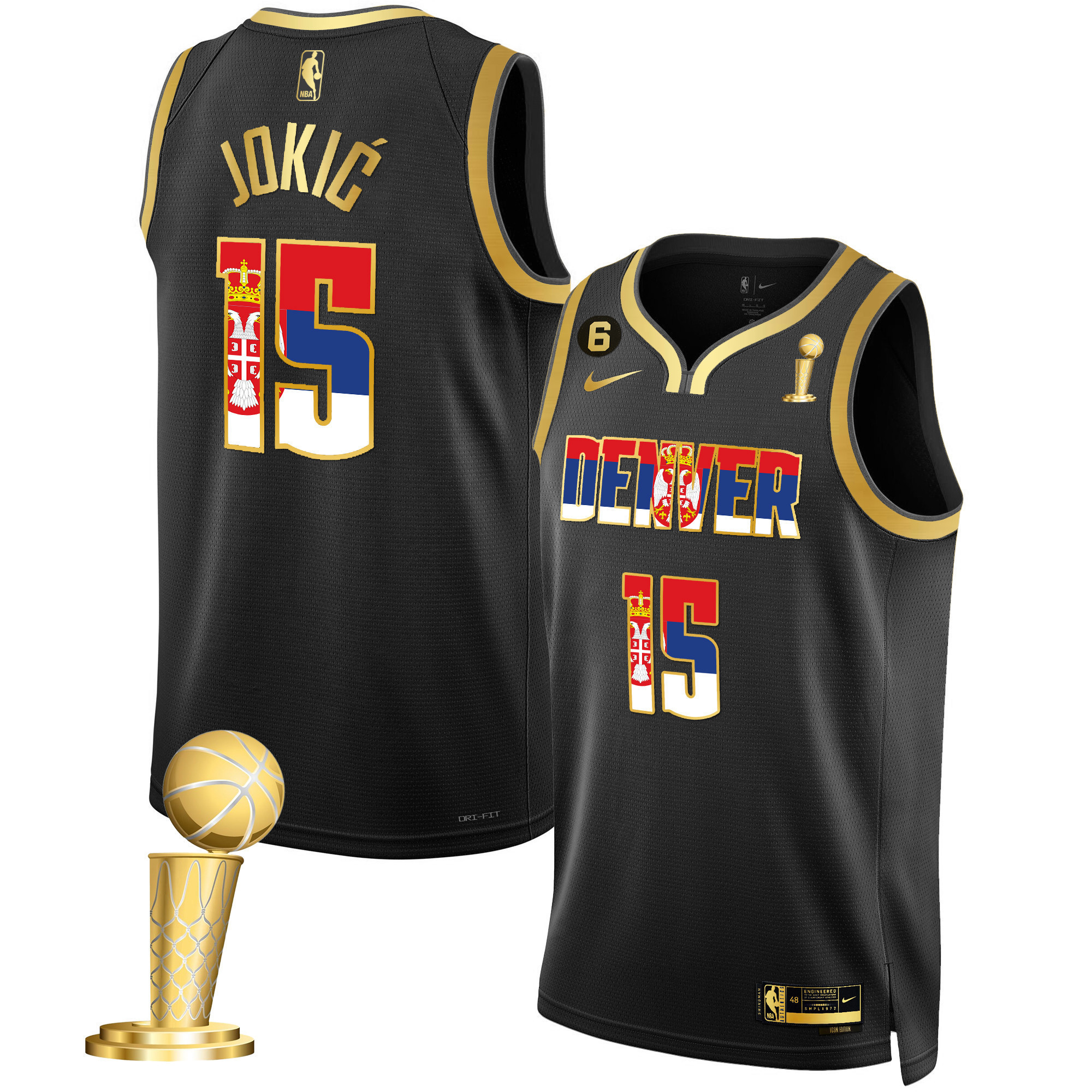 Men's Nikola Jokic Denver Nuggets Serbia Flag Champions Black Gold Jersey - All Stitched