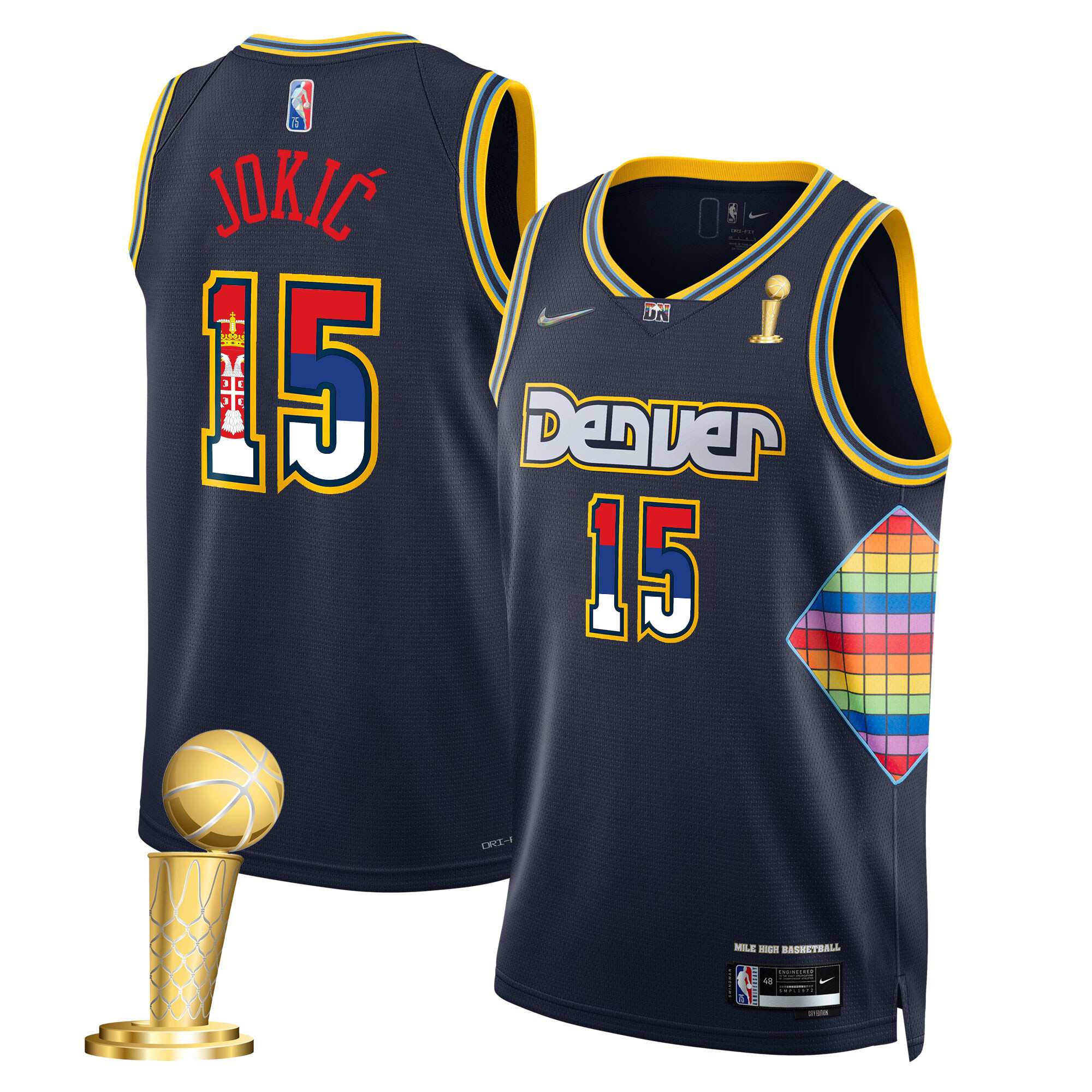 Men's Nikola Jokic Denver Nuggets Serbia Flag Champions City Navy Jersey - All Stitched