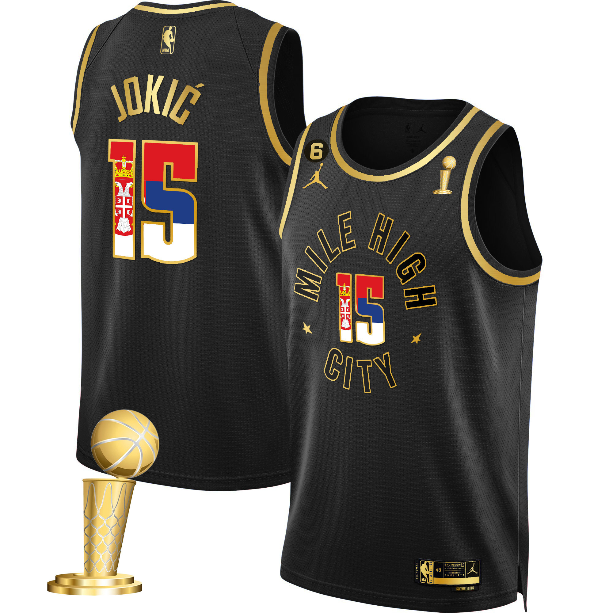 Men's Nikola Jokic Denver Nuggets Serbia Flag Champions Statement Black Jersey - All Stitched