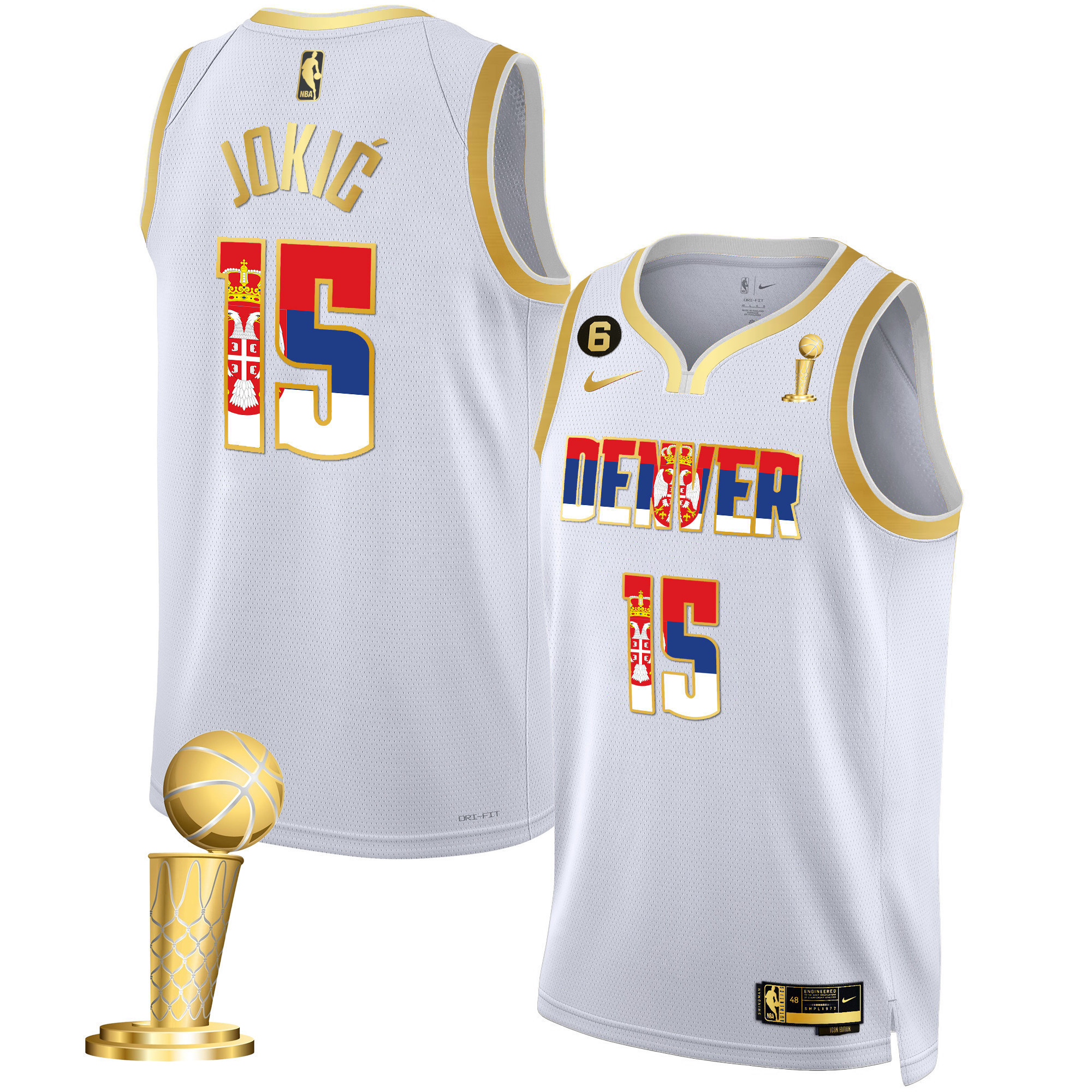 Men's Nikola Jokic Denver Nuggets Serbia Flag Champions White Gold Jersey - All Stitched