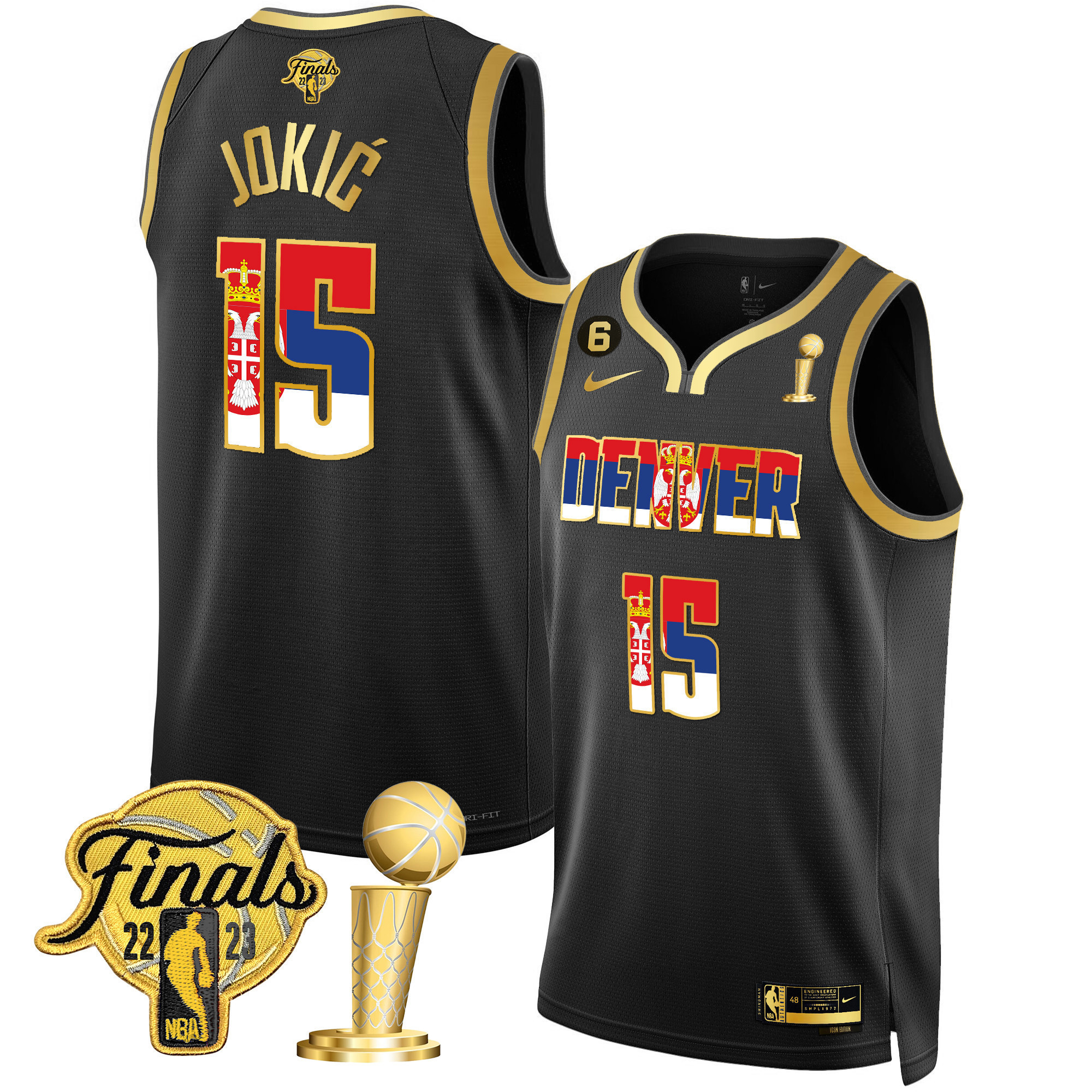 Men's Nikola Jokic Denver Nuggets Serbia Flag Finals & Champions Black Gold Jersey - All Stitched