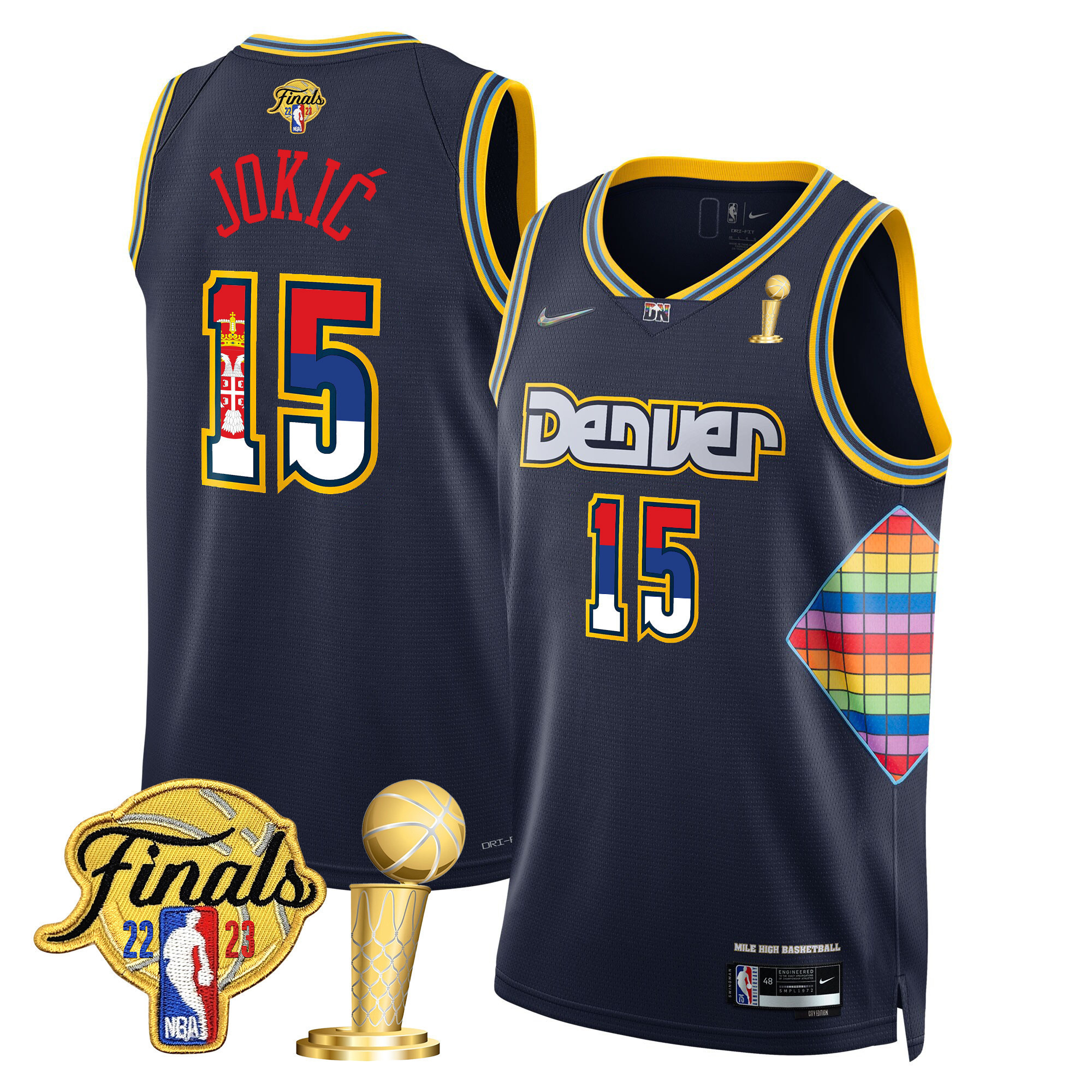 Men's Nikola Jokic Denver Nuggets Serbia Flag Finals & Champions City Navy Jersey - All Stitched