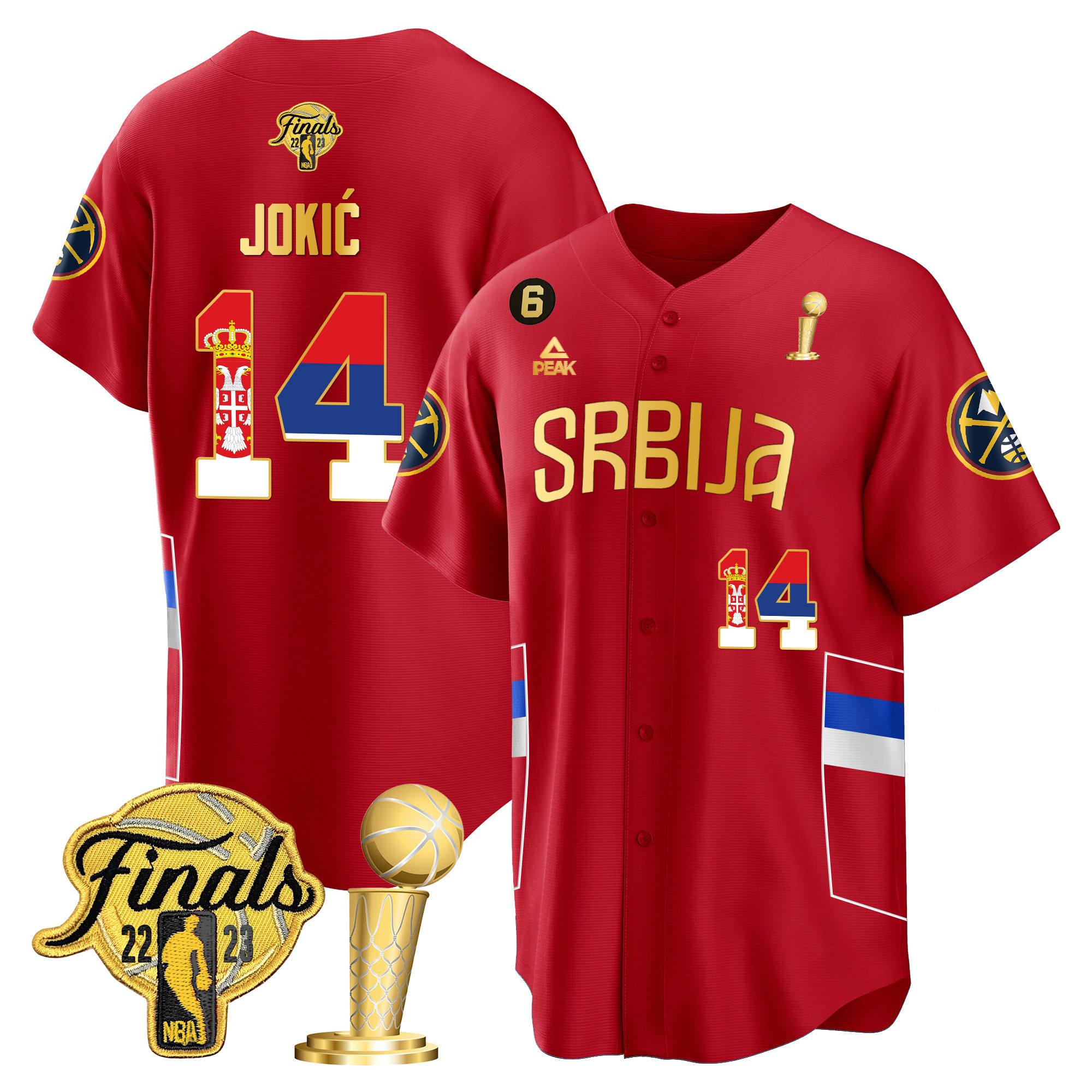 Men's Nikola Jokic Denver Nuggets Serbia Flag Finals & Champions Cool Base Red Gold Jersey - All Stitched