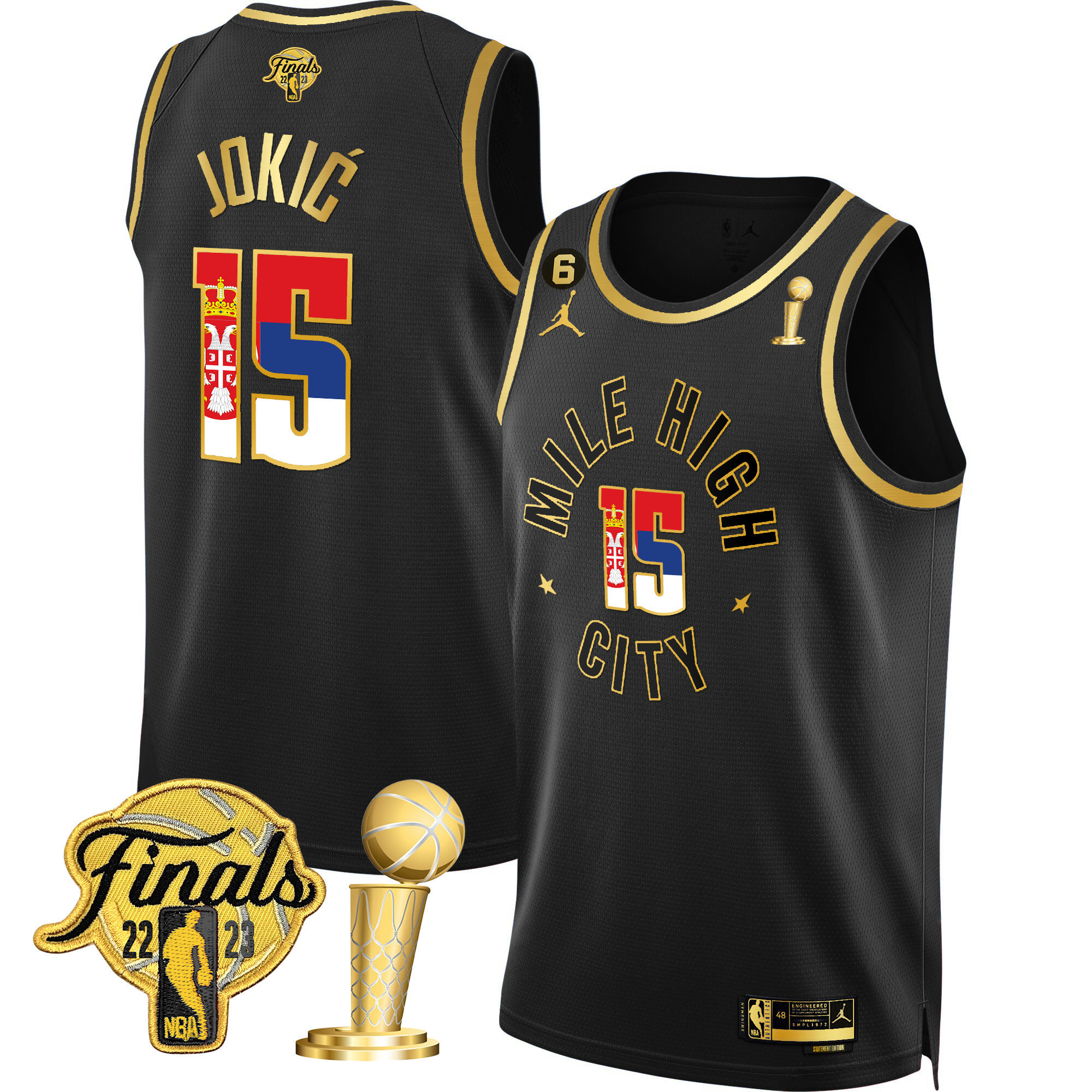 Men's Nikola Jokic Denver Nuggets Serbia Flag Finals & Champions Statement Black Jersey - All Stitched