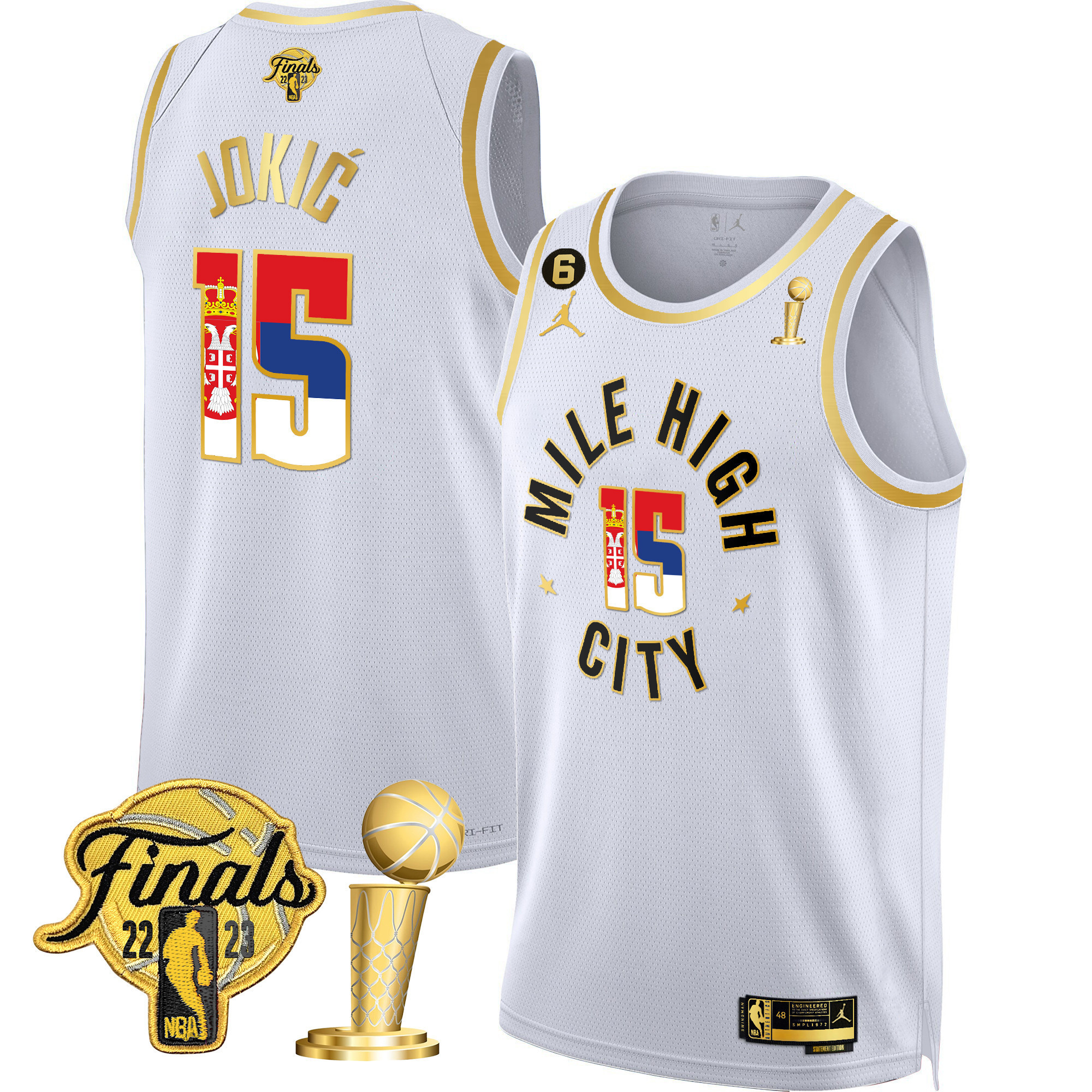 Men's Nikola Jokic Denver Nuggets Serbia Flag Finals & Champions Statement White Jersey - All Stitched