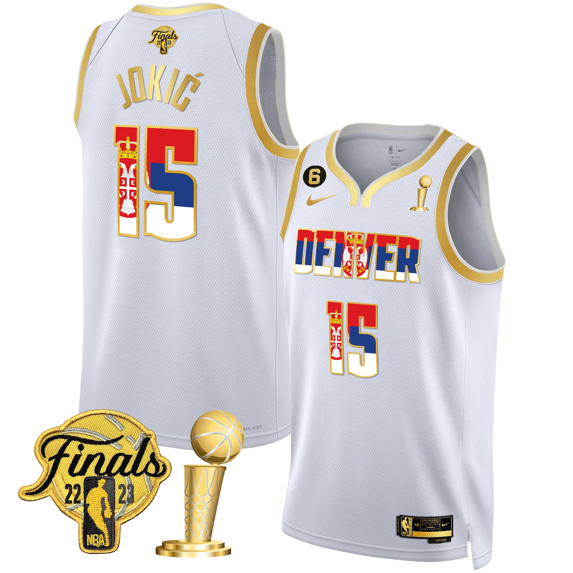 Men's Nikola Jokic Denver Nuggets Serbia Flag Finals & Champions White Gold Jersey - All Stitched