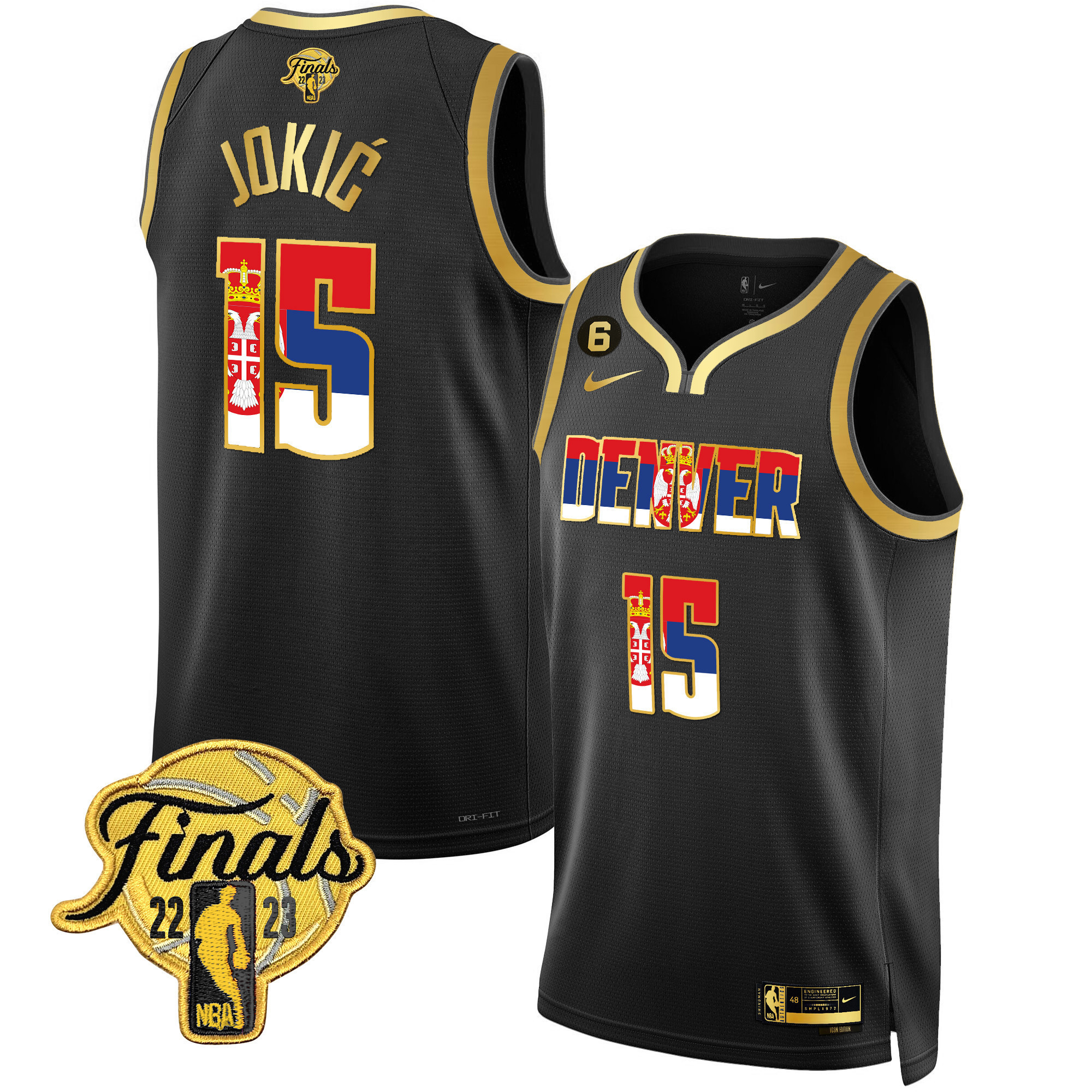 Men's Nikola Jokic Denver Nuggets Serbia Flag Finals Patch Black Gold Jersey - All Stitched