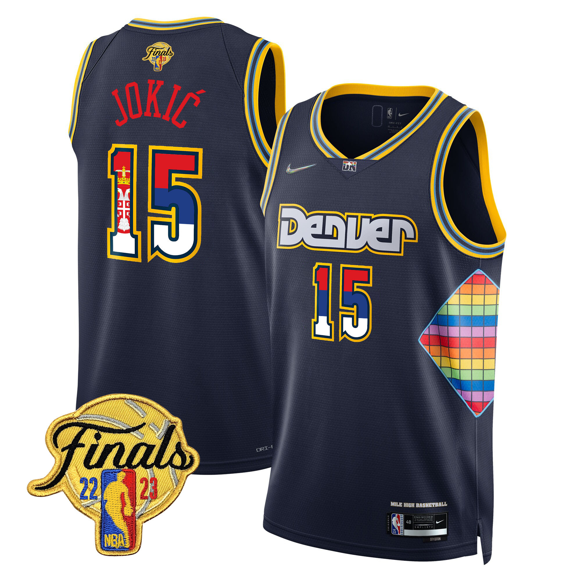Men's Nikola Jokic Denver Nuggets Serbia Flag Finals Patch City Navy Jersey - All Stitched