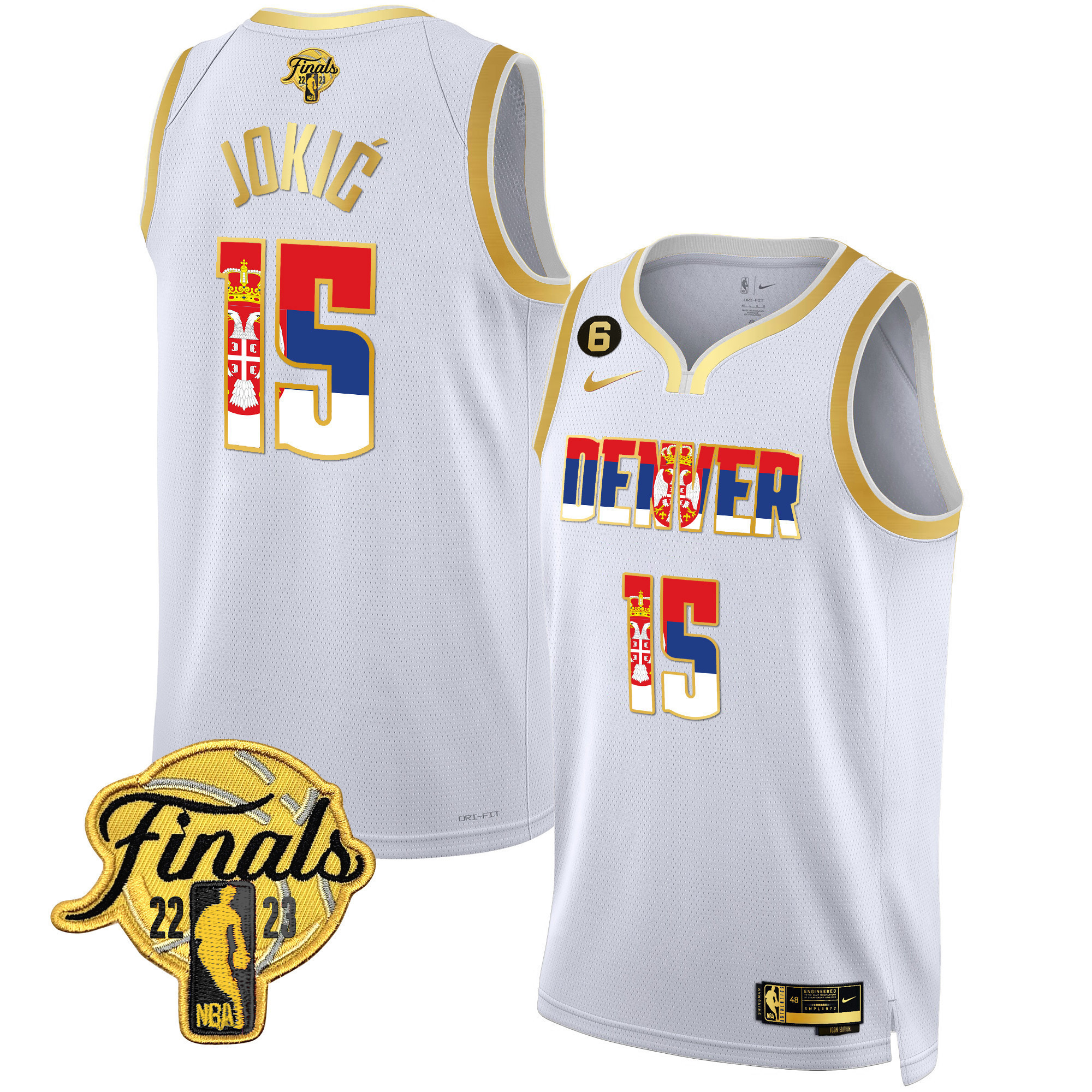 Men's Nikola Jokic Denver Nuggets Serbia Flag Finals Patch White Gold Jersey - All Stitched