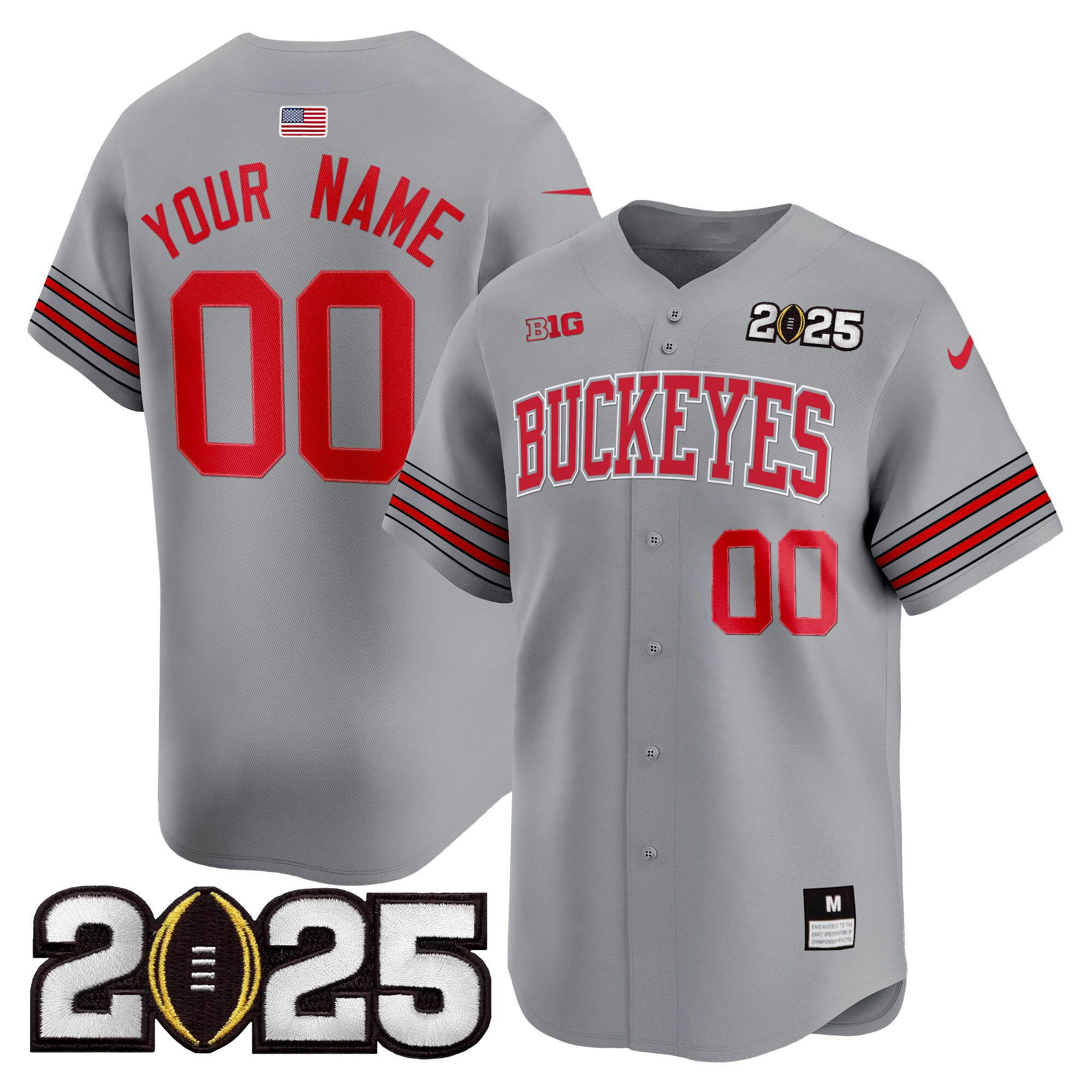 Men's Ohio State Buckeyes Heritage Stripe 2025 CFP Final Patch Vapor Baseball Custom Gray Jersey - All Stitched