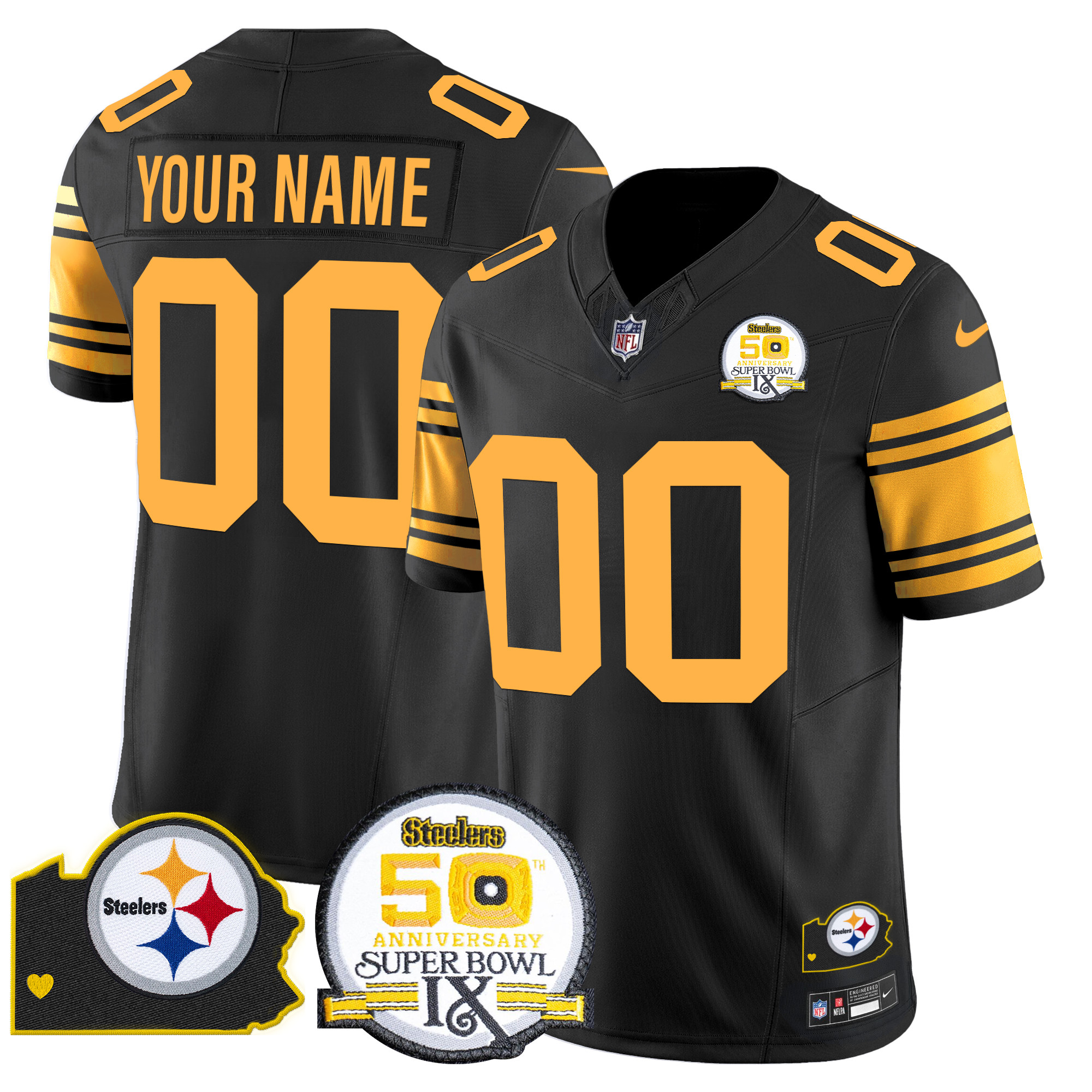 Men's Pittsburgh Steelers 50th Anniversary Of Super Bowl IX & Map Patch Vapor Limited Custom Color Rush Jersey - All Stitched
