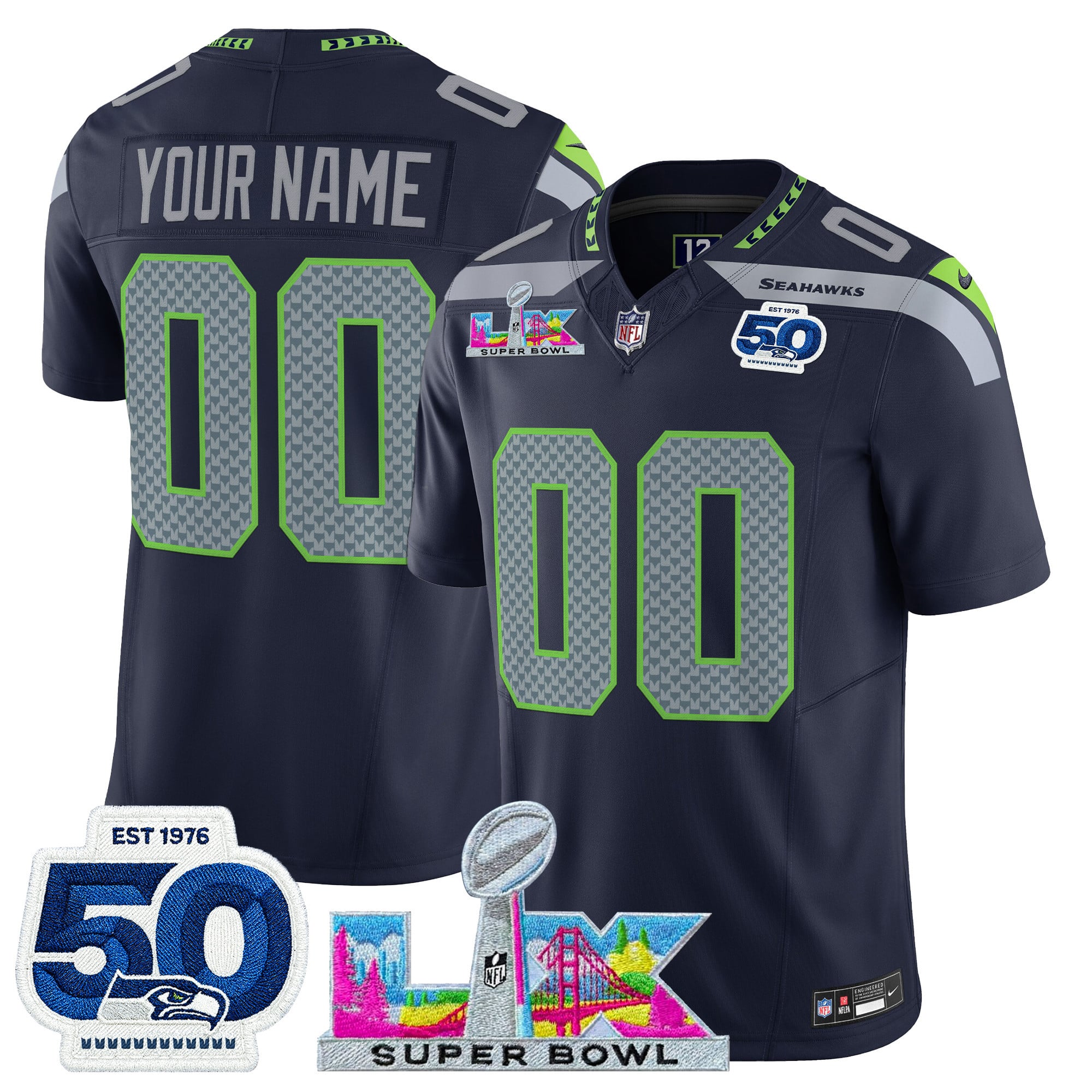 Men's Seattle Seahawks “Super Bowl LX & 50th Patch” Vapor Limited Custom College Navy Jersey - All Stitched