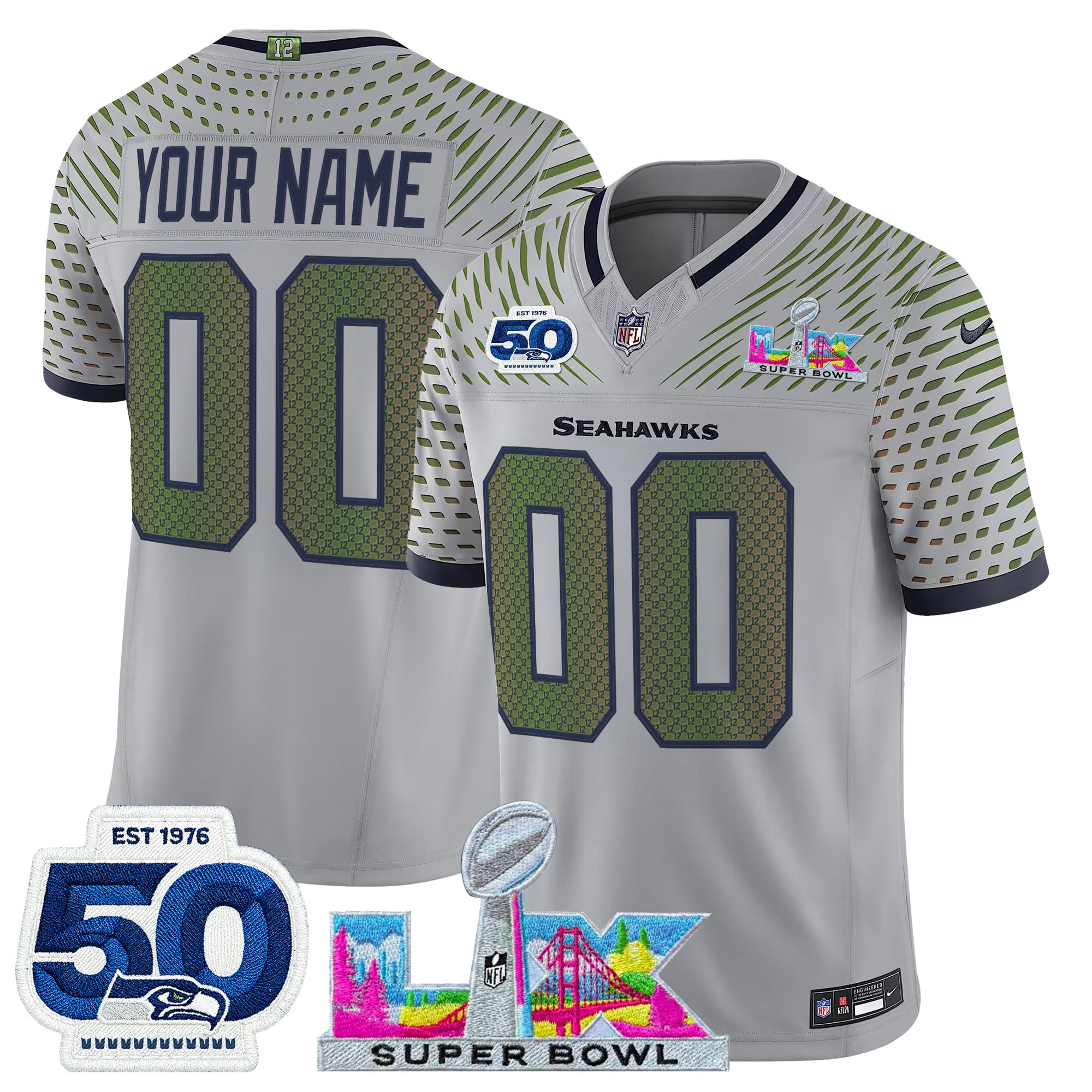 Men's Seattle Seahawks “Super Bowl LX & 50th Patch” Vapor Limited Custom Wolf Gray Jersey - All Stitched