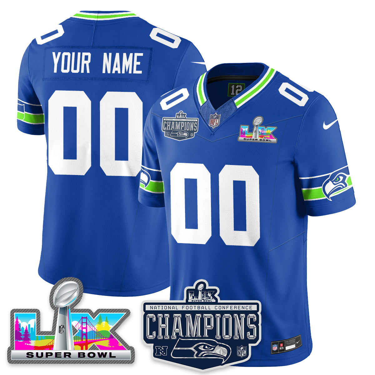 Men's Seattle Seahawks 2025 NFC Champions Vapor Limited Custom Royal Jersey - All Stitched