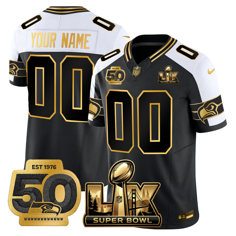 Men's Seattle Seahawks Super Bowl LX - 50th Anniversary Patch Gold Vapor Limited Custom Black Alternate Jersey - All Stitched