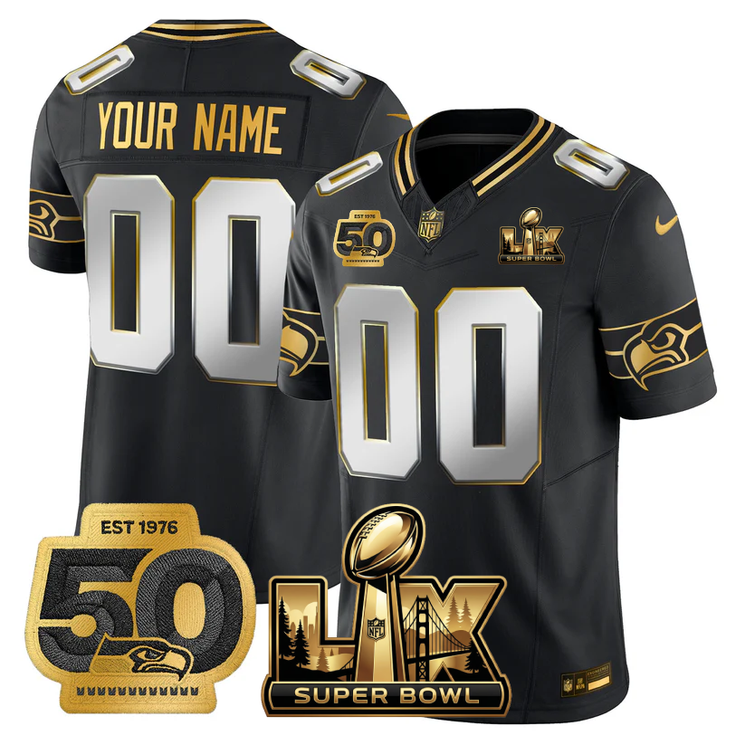 Men's Seattle Seahawks Super Bowl LX - 50th Anniversary Patch Gold Vapor Limited Custom Black Limited Jersey - All Stitched