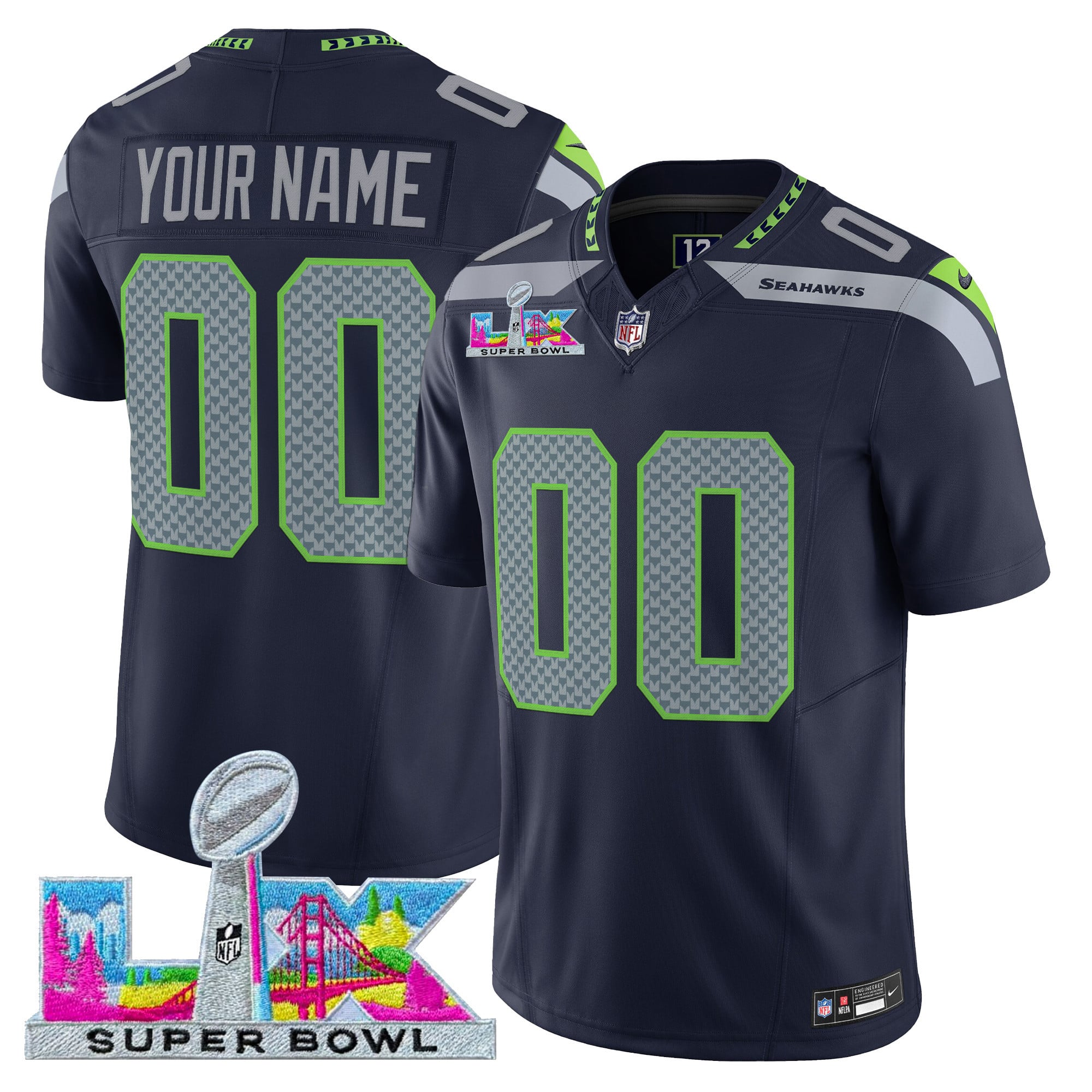 Men's Seattle Seahawks Super Bowl LX Vapor Limited Custom College Navy Jersey - All Stitched