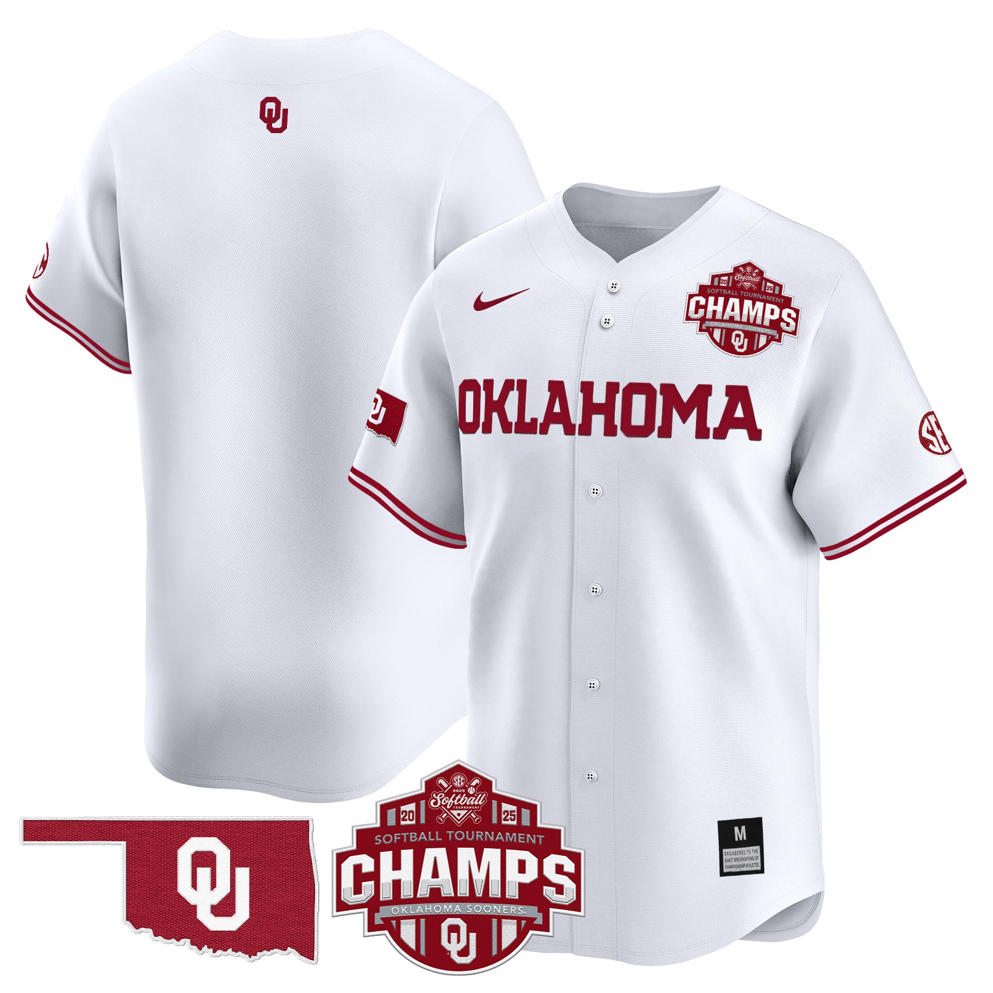 Men's Size - Oklahoma Sooners 2025 SEC Softball Conference Tournament Champions Patch Vapor Premier Limited White Jersey - All Stitched