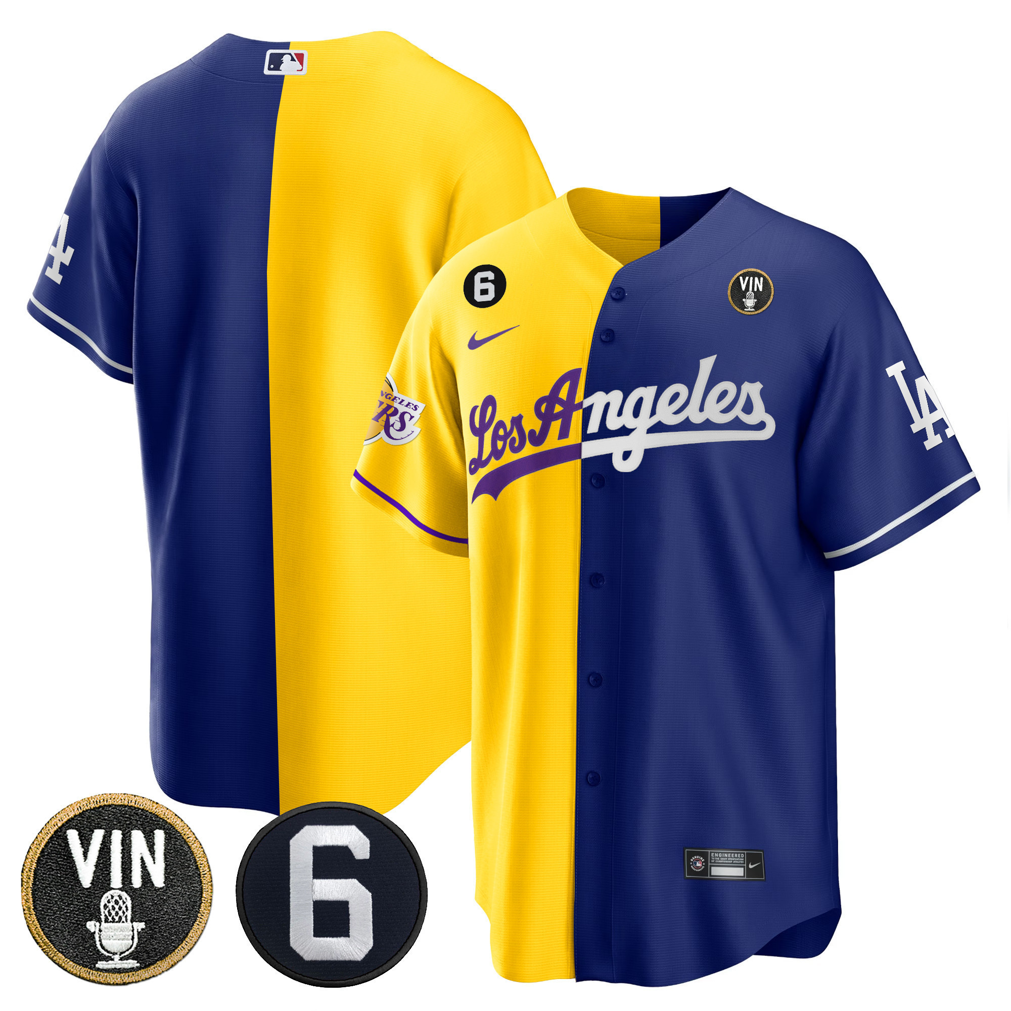 Men's Split Dodgers - Los Angeles Lakers Cool Base Gold Royal Jersey - All Stitched