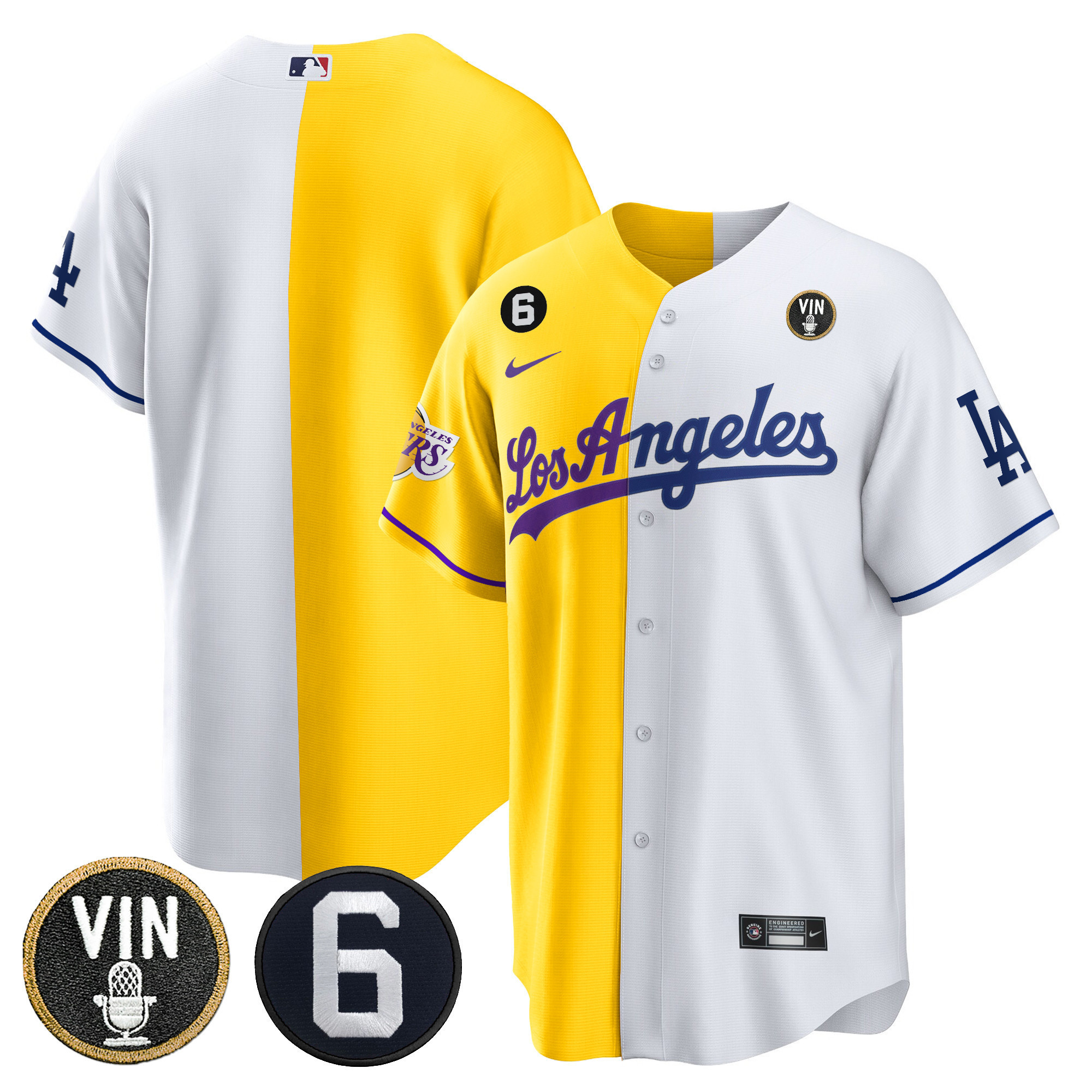 Men's Split Dodgers - Los Angeles Lakers Cool Base Gold White Jersey - All Stitched