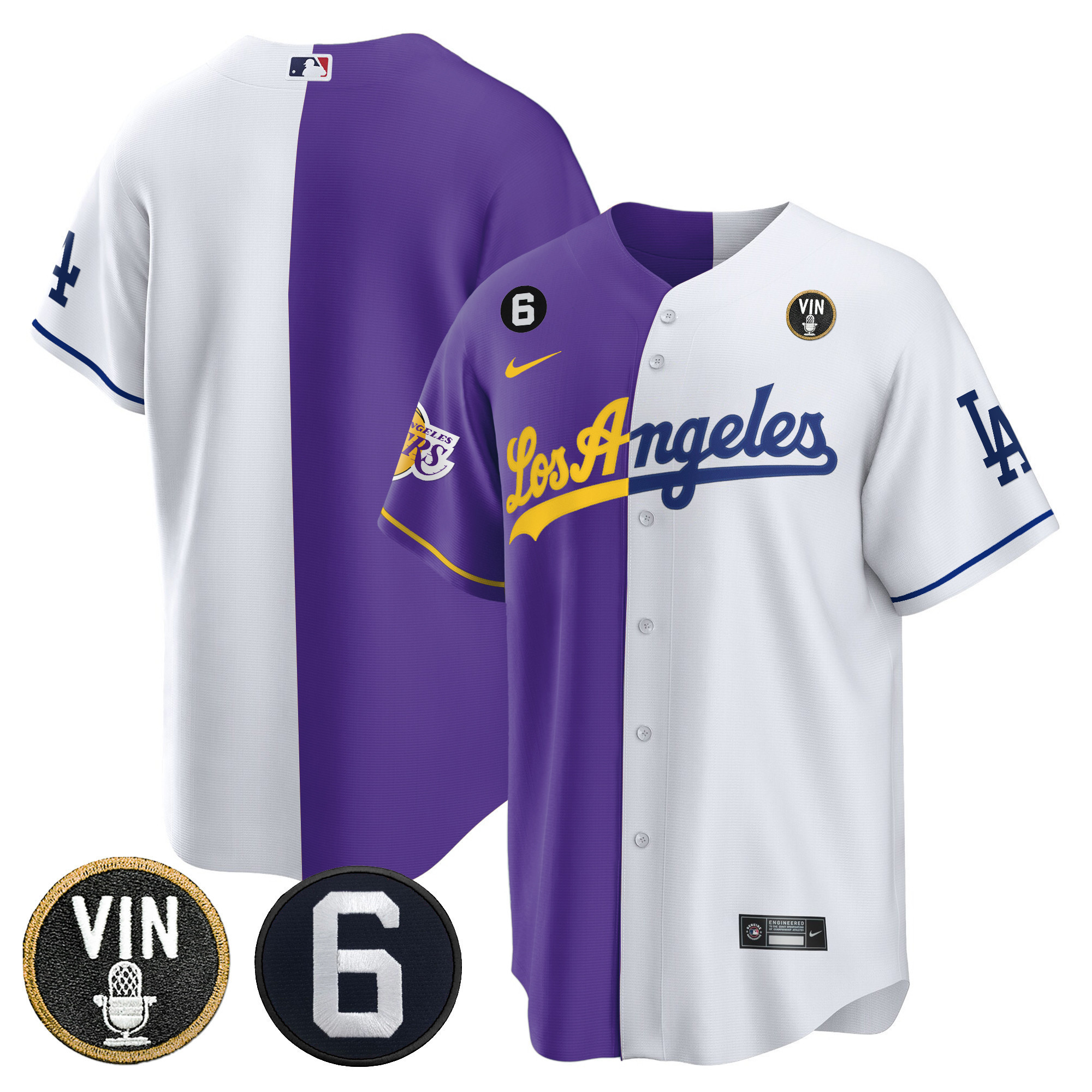 Men's Split Dodgers - Los Angeles Lakers Cool Base Purple White Jersey - All Stitched