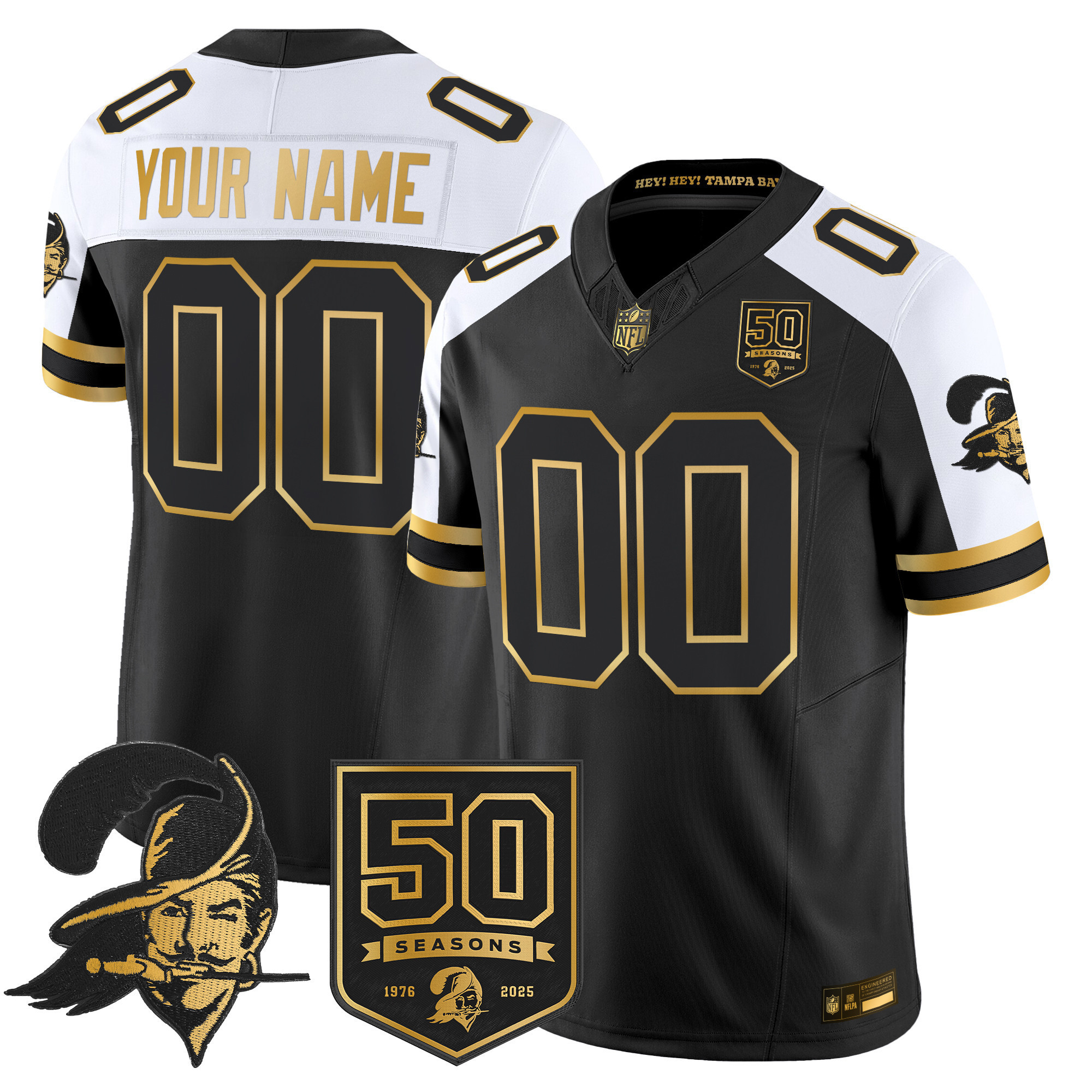 Men's Tampa Bay Buccaneers Throwback 50th Season Patch Gold Vapor Limited Custom Black Alternate Jersey - All Stitched