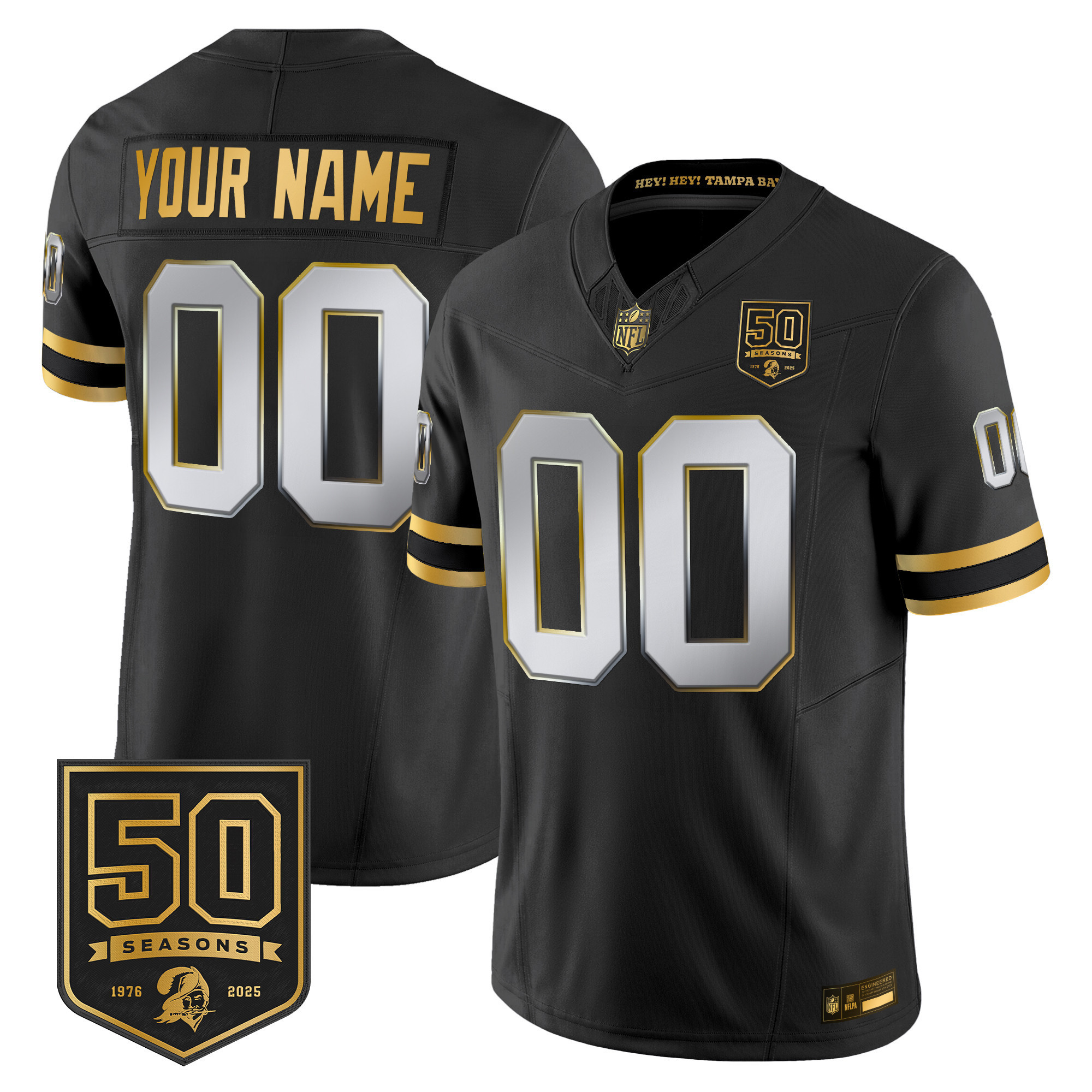 Men's Tampa Bay Buccaneers Throwback 50th Season Patch Gold Vapor Limited Custom Black Limited Jersey - All Stitched