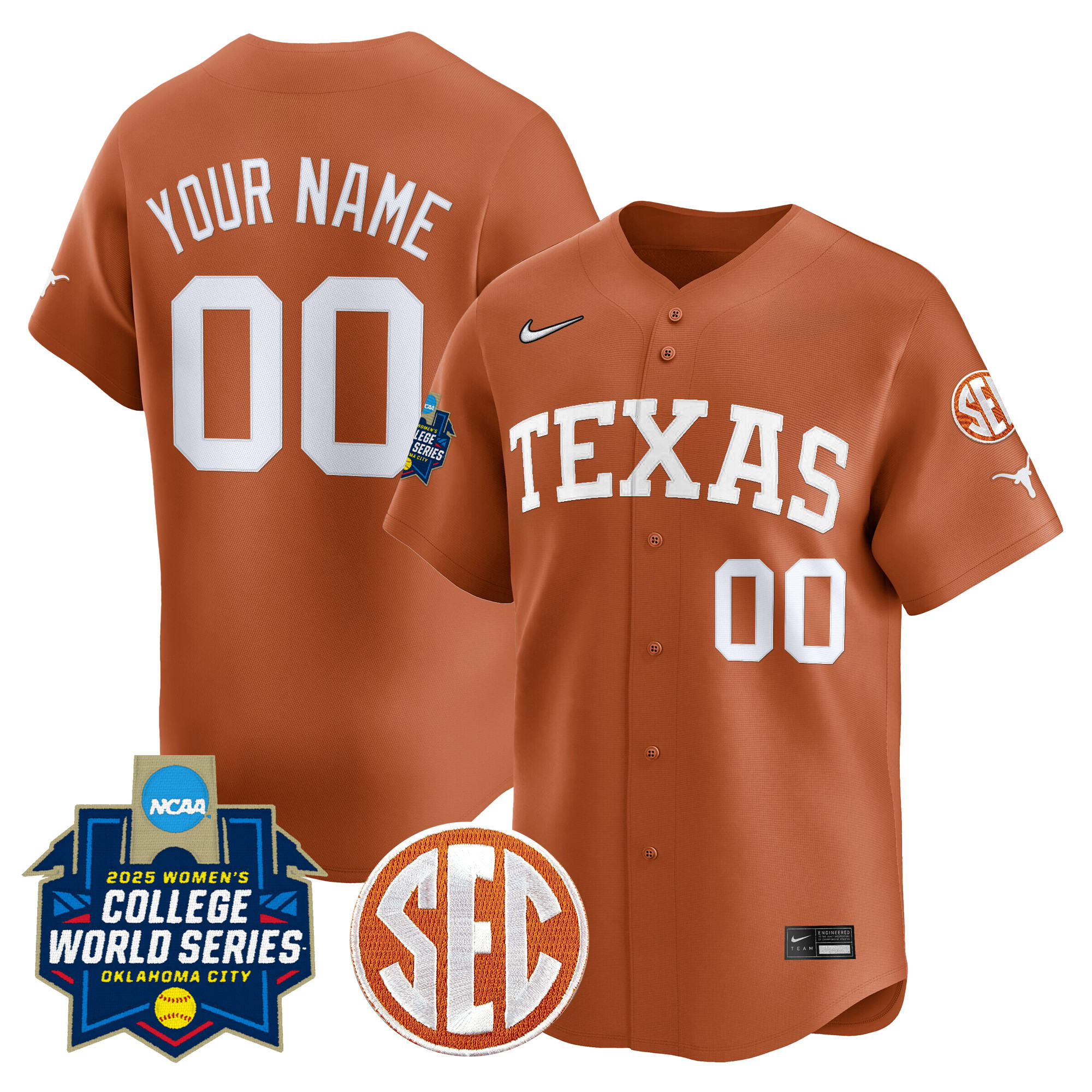 Men's Texas Longhorns Softball 2025 World Series (WCWS) Vapor Premier Limited Custom Orange Jersey - All Stitched