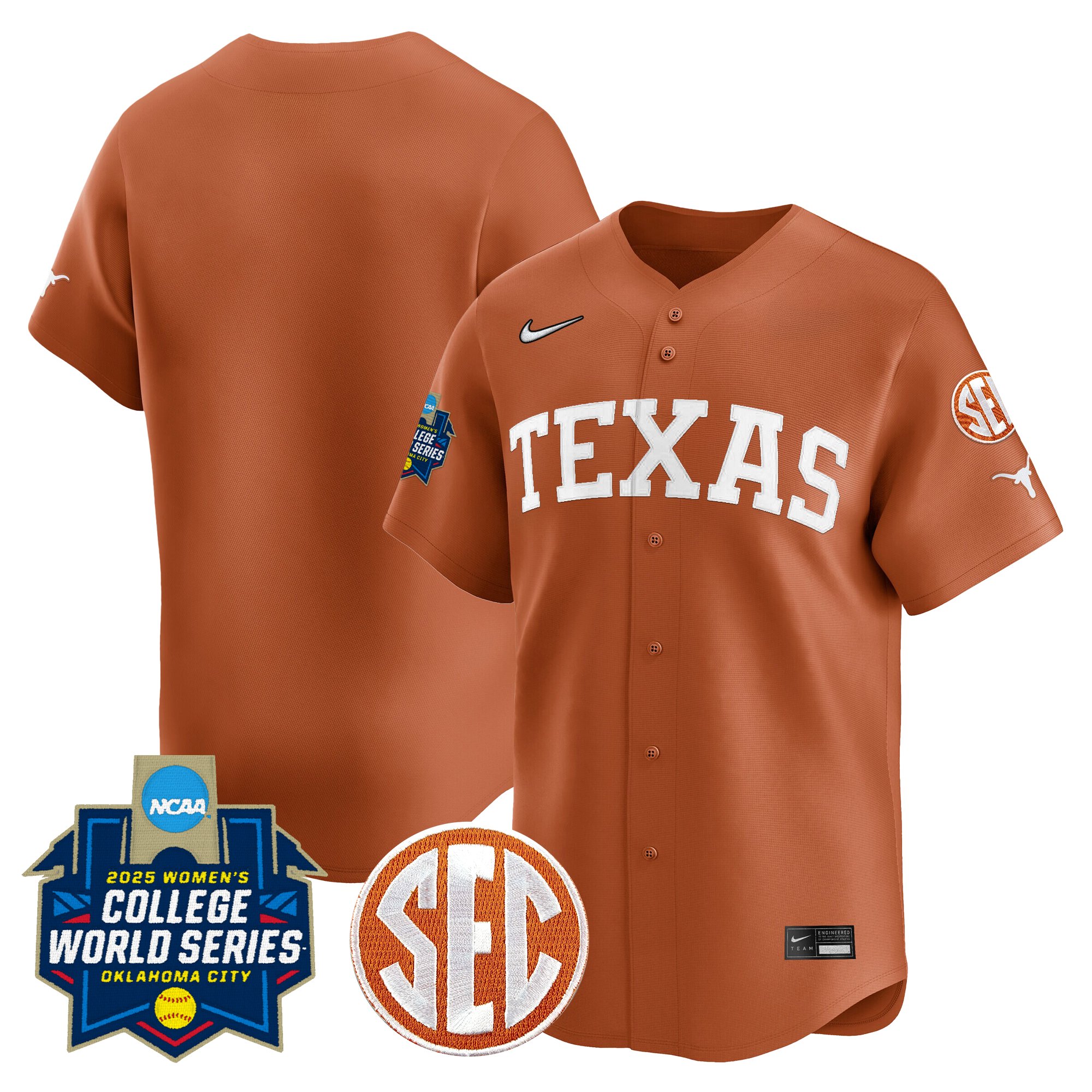 Men's size - Texas Longhorns Softball 2025 World Series (WCWS) Vapor Premier Limited Orange Jersey - All Stitched