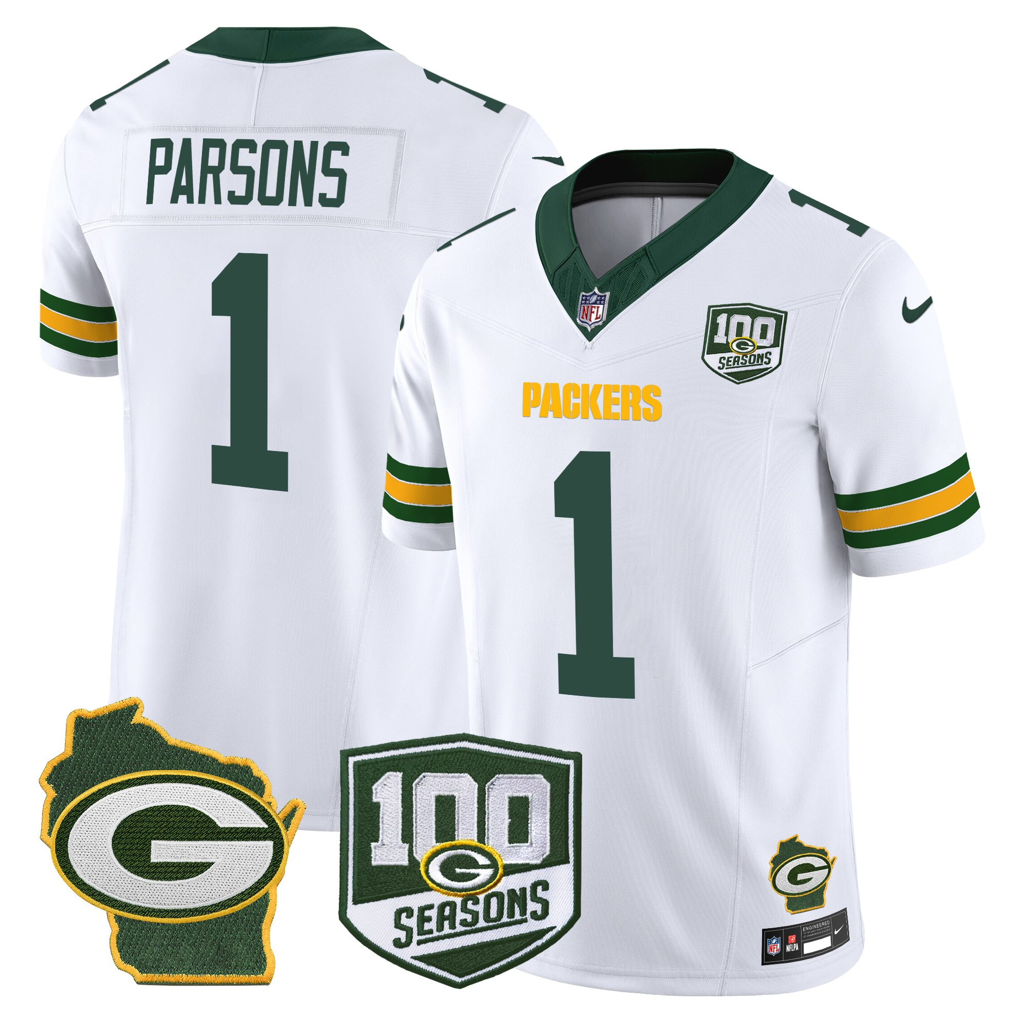 Micah Parsons Men's Green Bay Packers 100th Season & Home Patch Vapor Limited White Jersey - All Stitched