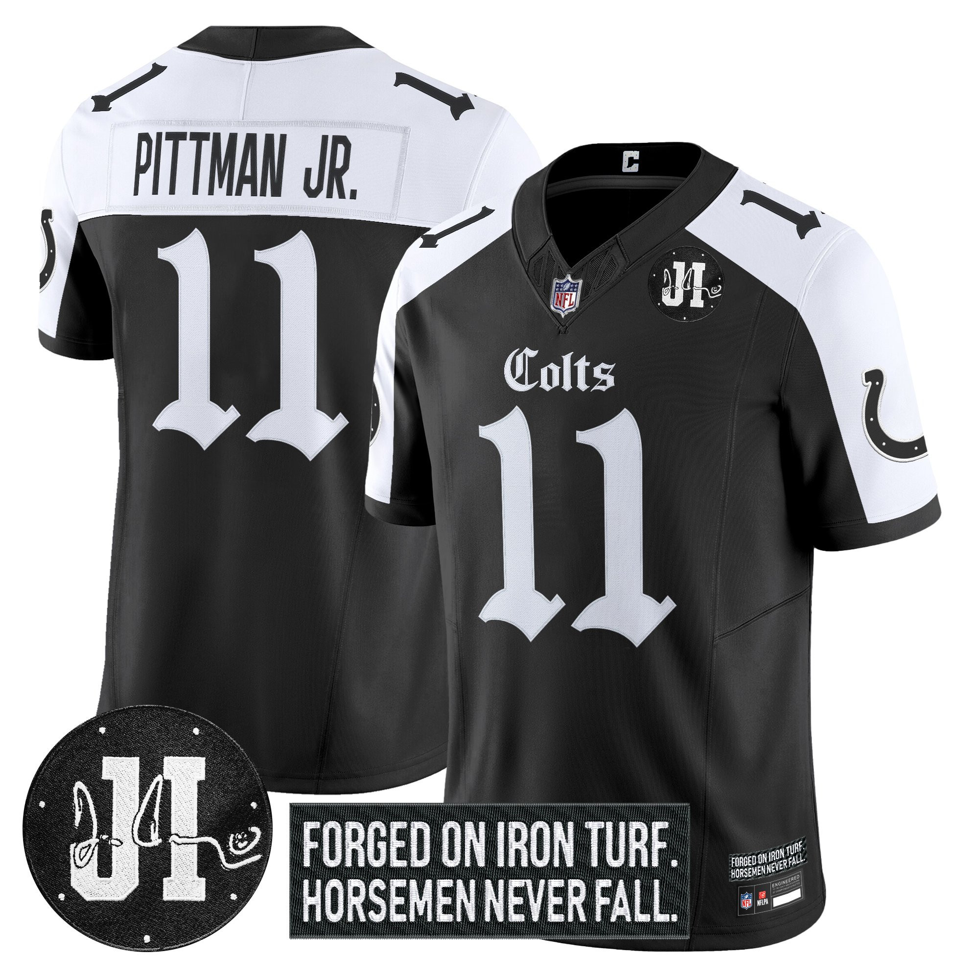 Michael Pittman Jr. Men's Indianapolis Colts 2025 Gothic Iron Hoof Edition Vapor Limited Alternate Jersey - Jim Irsay Patch - All Stitched