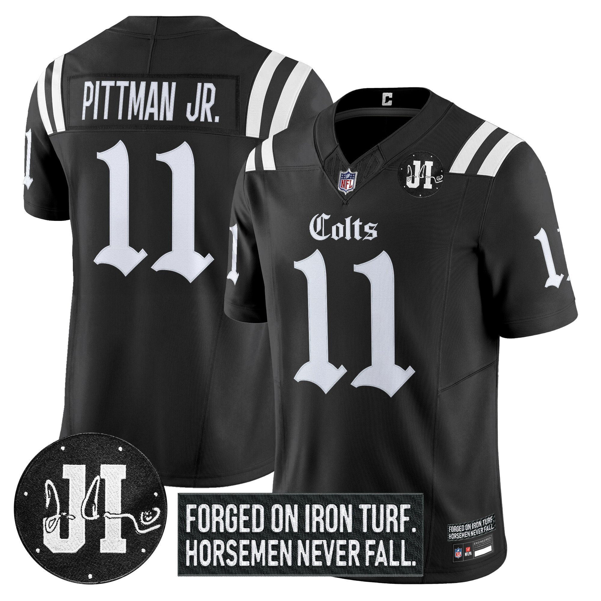 Michael Pittman Jr. Men's Indianapolis Colts 2025 Gothic Iron Hoof Edition Vapor Limited Black Jersey - Jim Irsay Patch - All Stitched