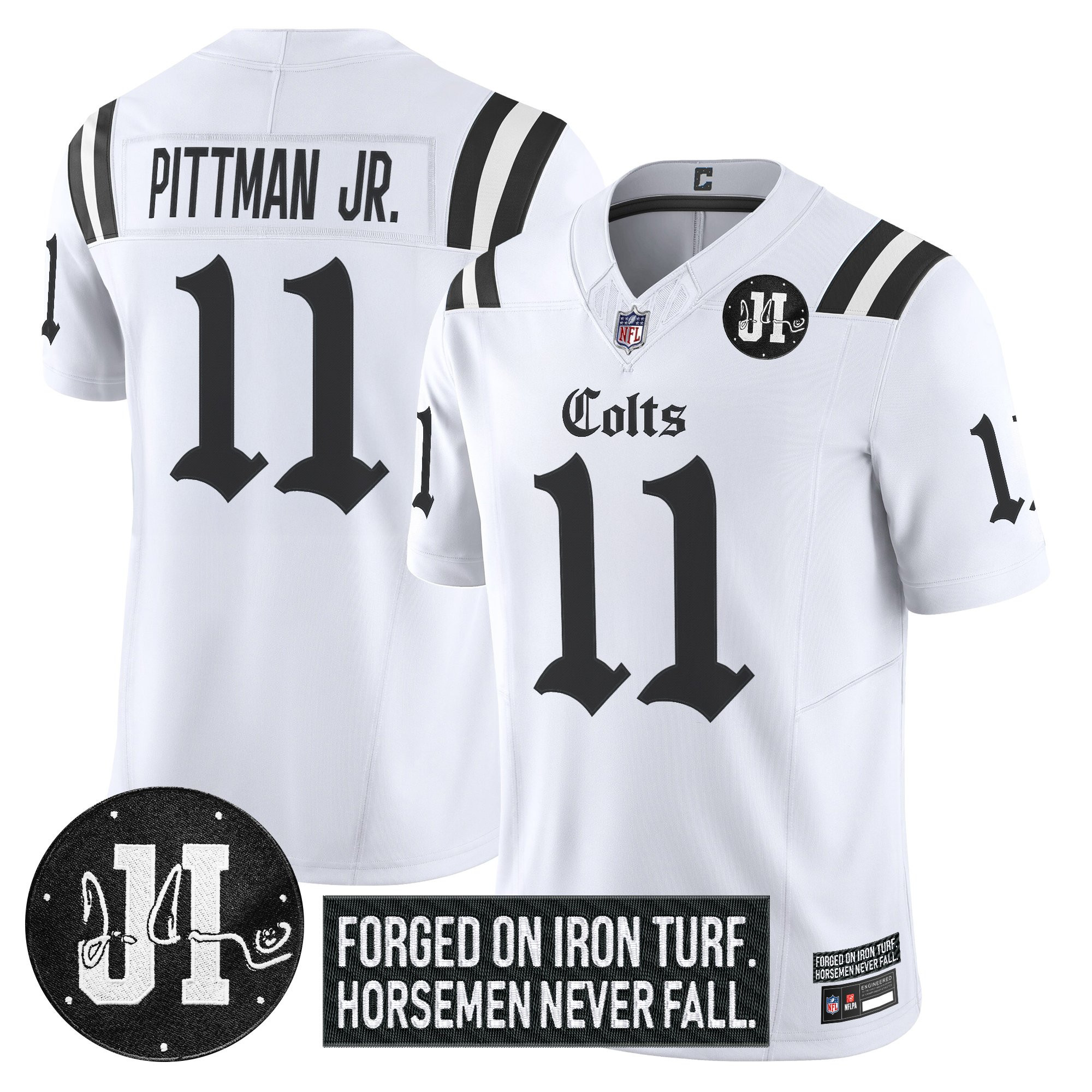 Michael Pittman Jr. Men's Indianapolis Colts 2025 Gothic Iron Hoof Edition Vapor Limited White Jersey - Jim Irsay Patch - All Stitched