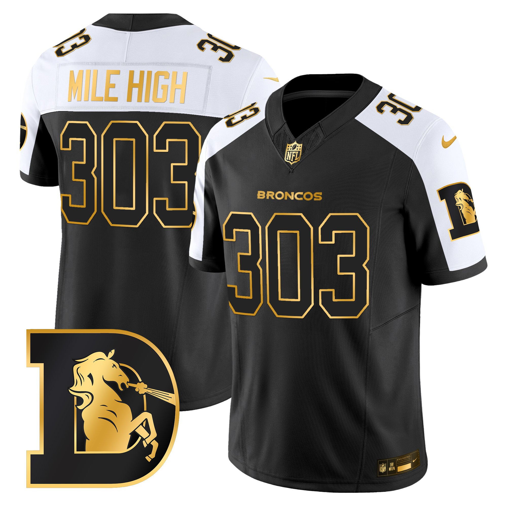 Mile High 303 Men's Denver Broncos Throwback Gold Vapor Limited Black Alternate Jersey - All Stitched