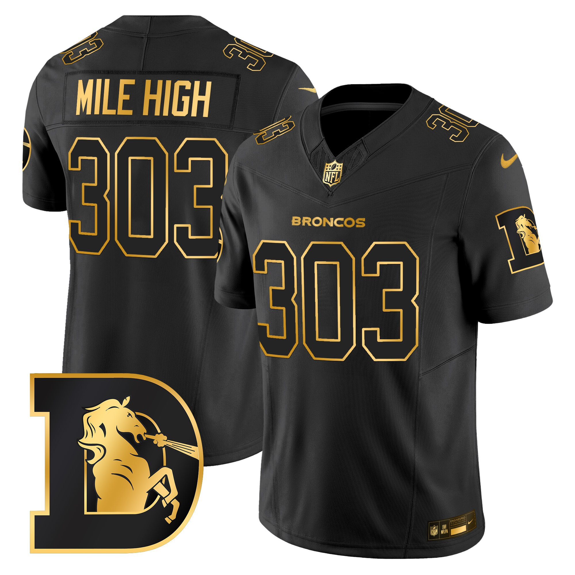 Mile High 303 Men's Denver Broncos Throwback Gold Vapor Limited Black Gold Jersey - All Stitched
