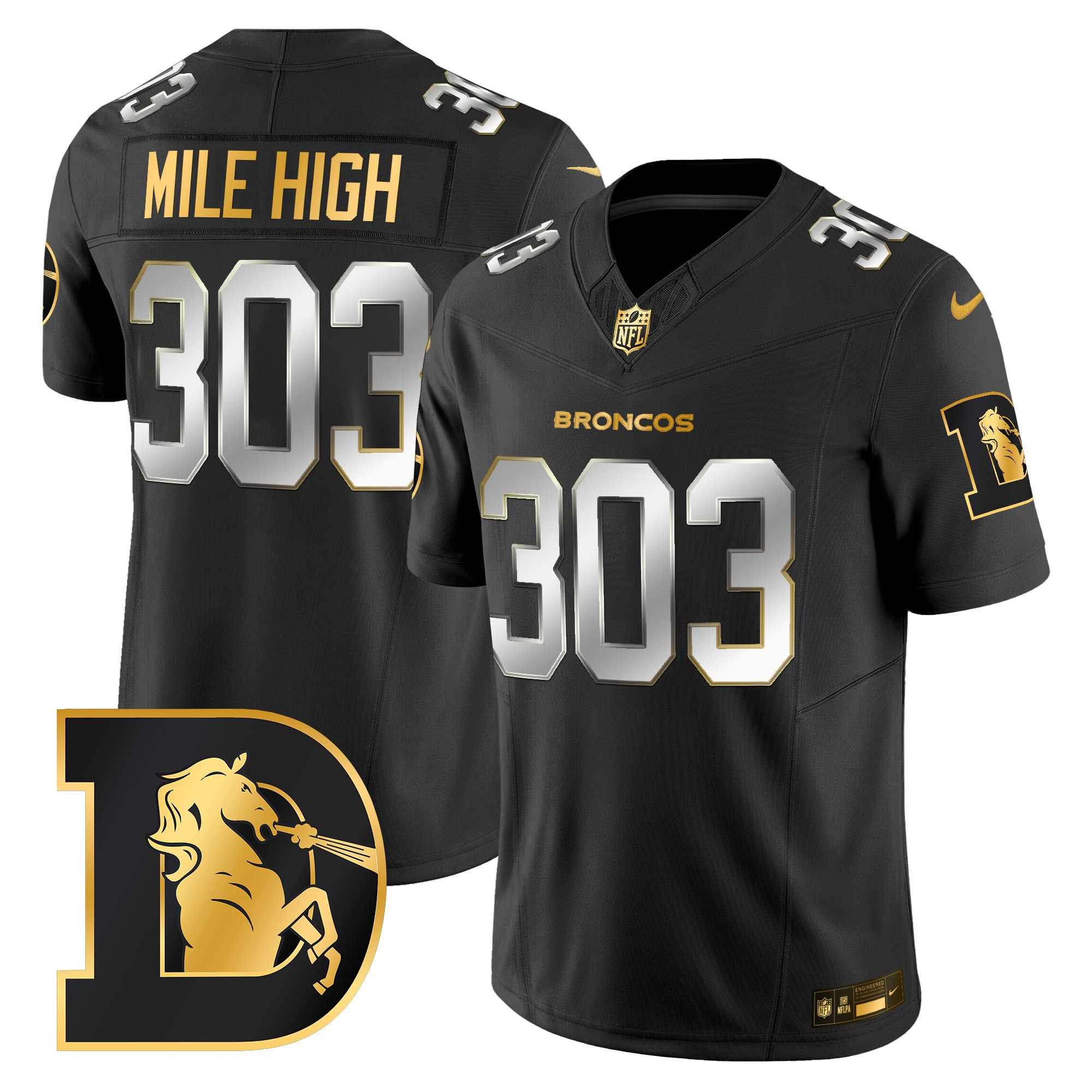 Mile High 303 Men's Denver Broncos Throwback Gold Vapor Limited Black Limited Jersey - All Stitched