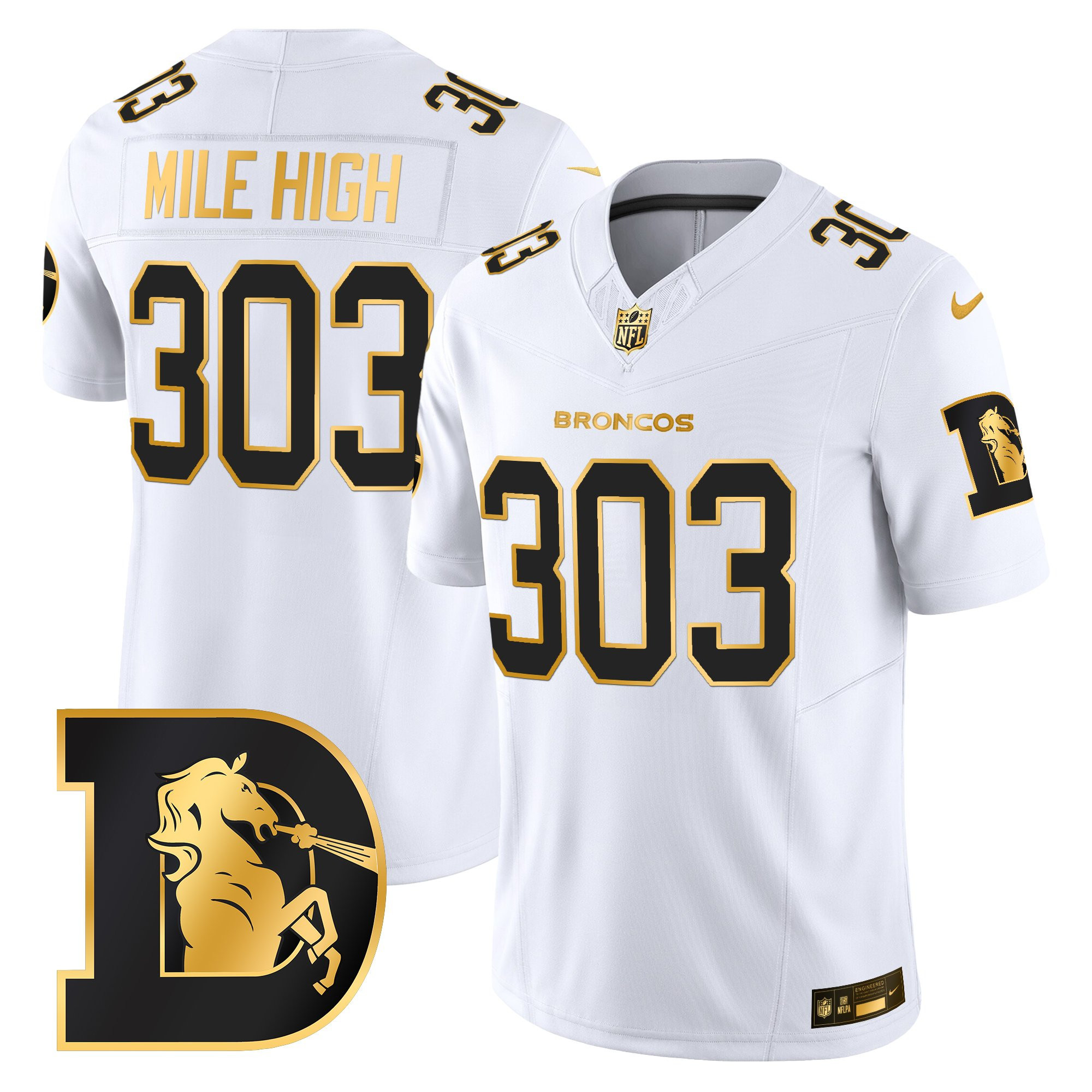 Mile High 303 Men's Denver Broncos Throwback Gold Vapor Limited White Gold Jersey - All Stitched