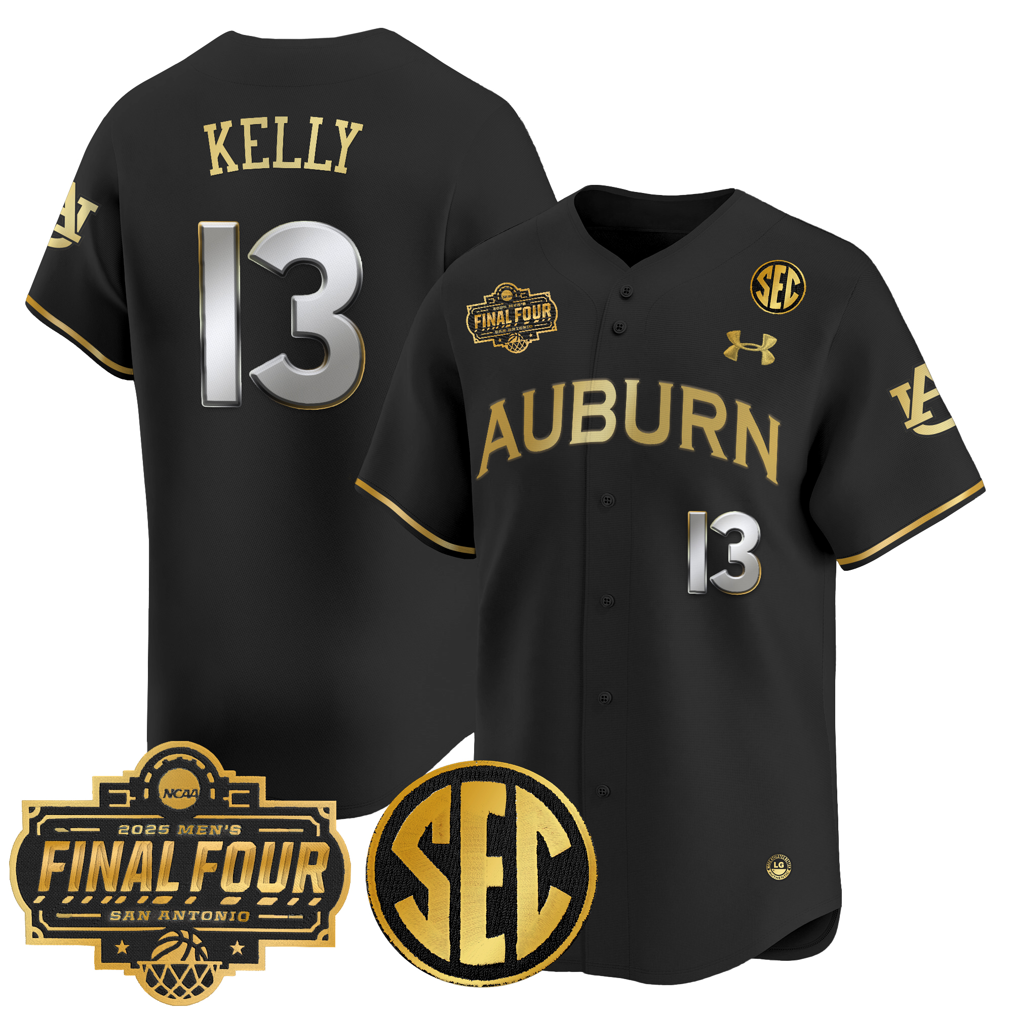 Miles Kelly Men's Auburn Tigers 2025 Final Four Patch Vapor Baseball Black Gold Jersey - All Stitched