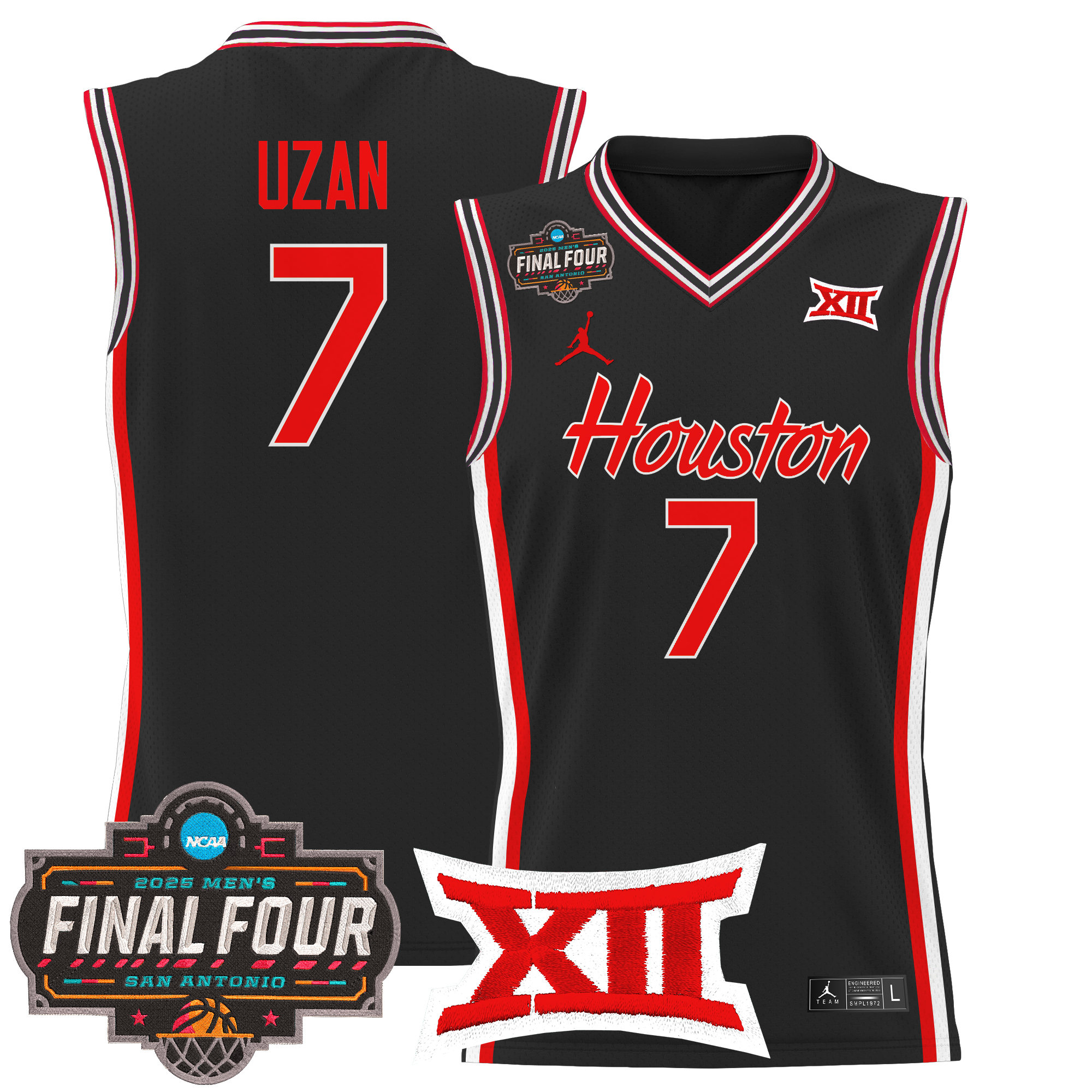 Milos Uzan Men's Houston Cougars 2025 Final Four Patch Basketball Black Jersey - All Stitched