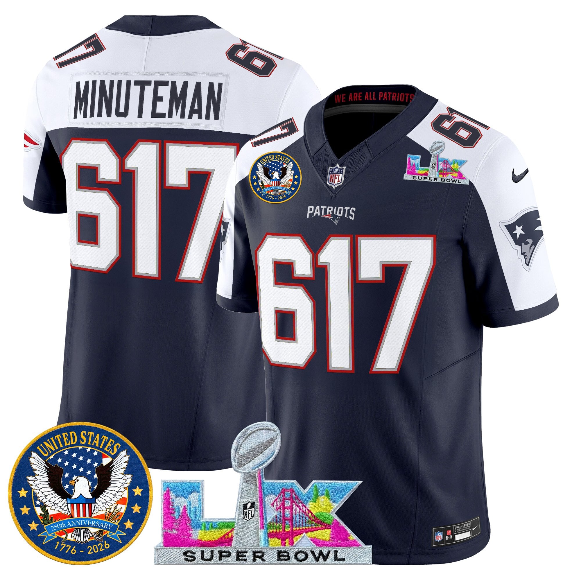 Minuteman 617 Men's New England Patriots “Super Bowl LX & United States 250th Patch” Vapor Limited Navy Alternate Jersey - All Stitched