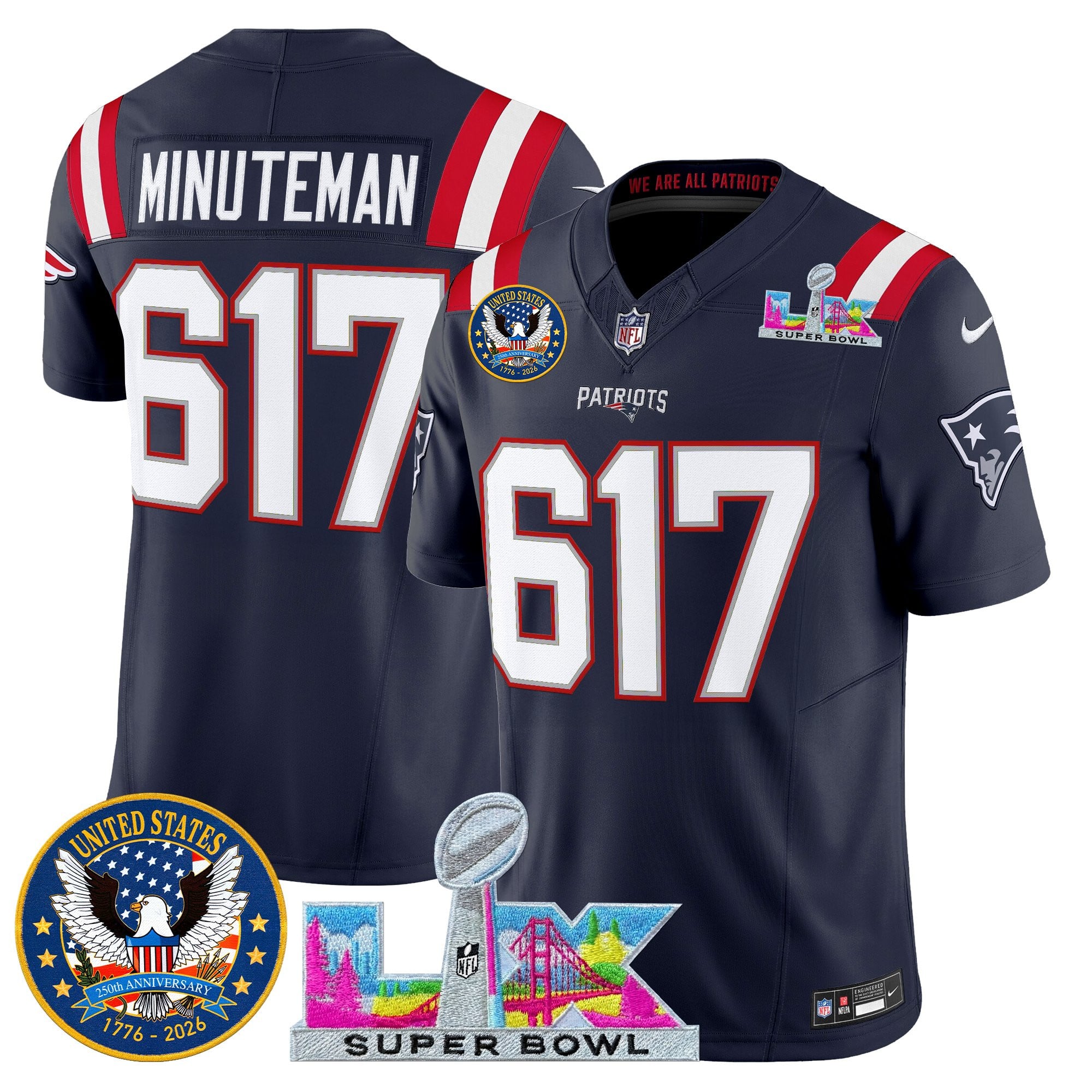Minuteman 617 Men's New England Patriots “Super Bowl LX & United States 250th Patch” Vapor Limited Navy Jersey - All Stitched