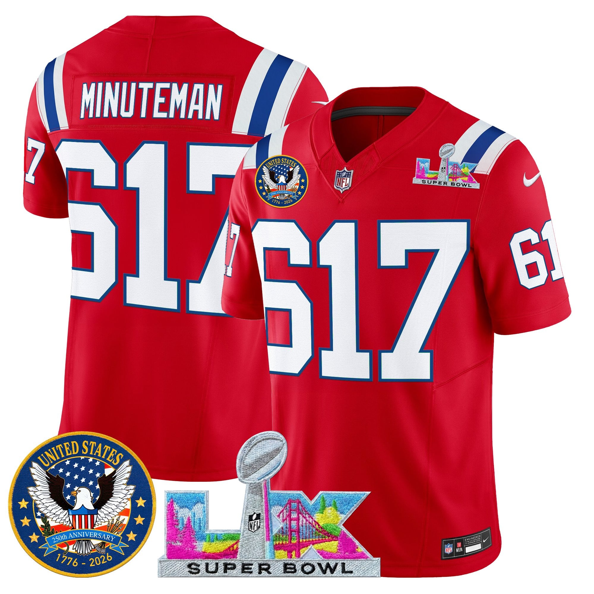 Minuteman 617 Men's New England Patriots “Super Bowl LX & United States 250th Patch” Vapor Limited Red Jersey - All Stitched